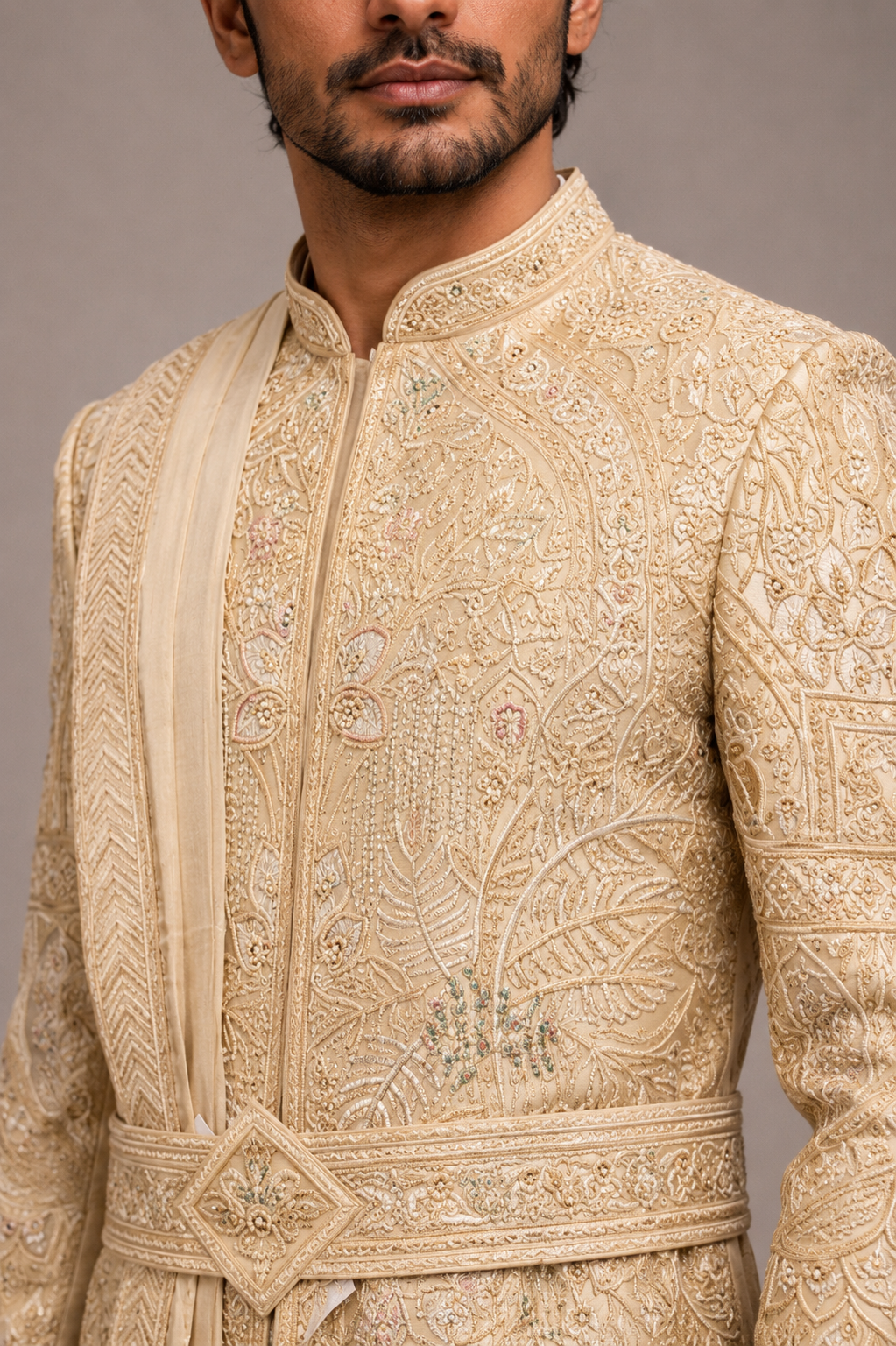 Gold Silk Sherwani with Machine and Hand Work