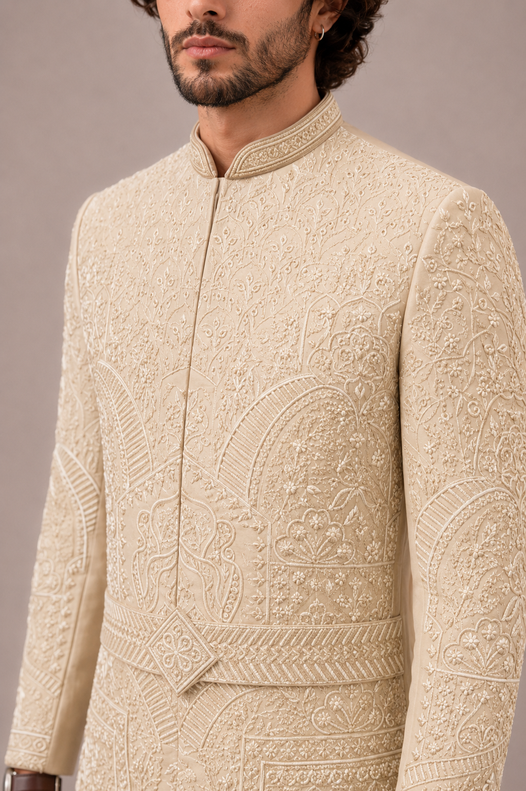 Gold Silk Sherwani for Men with Machine and Hand Work