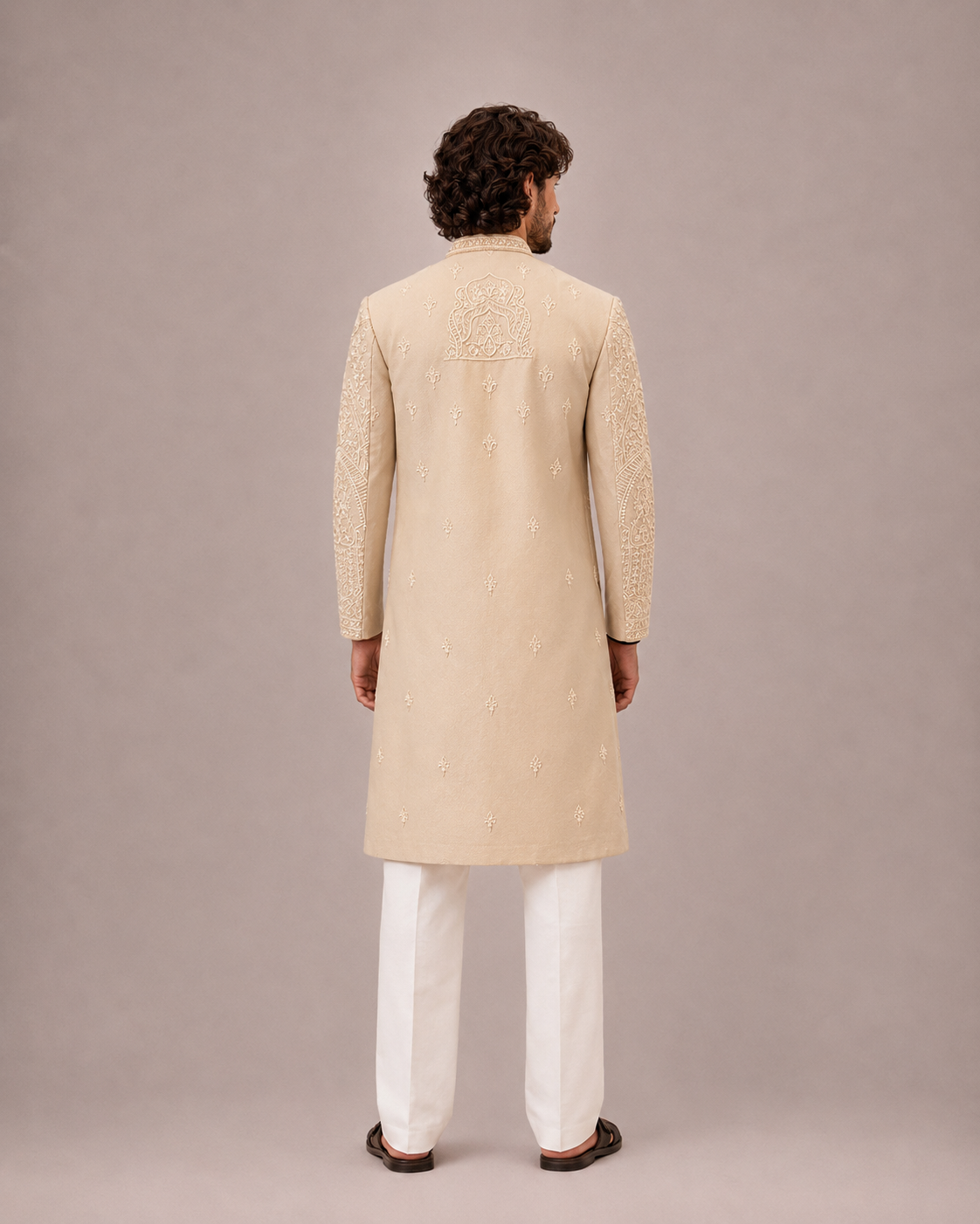 Gold Silk Sherwani for Men with Machine and Hand Work