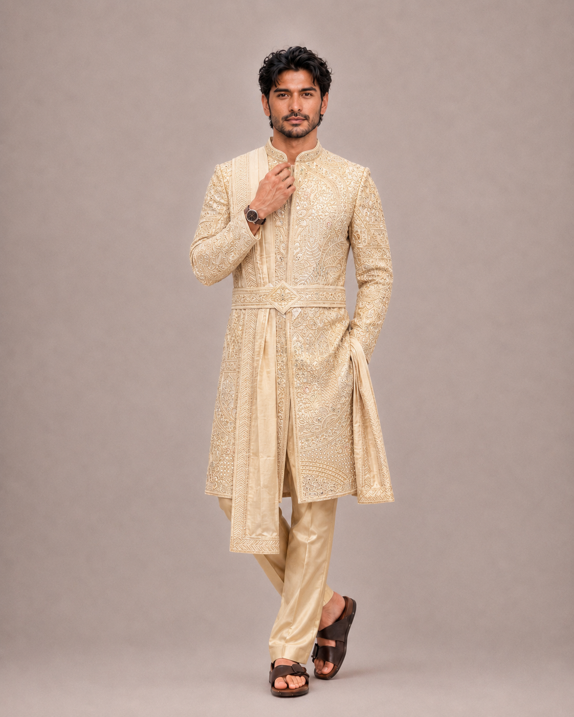 Gold Silk Sherwani with Machine and Hand Work