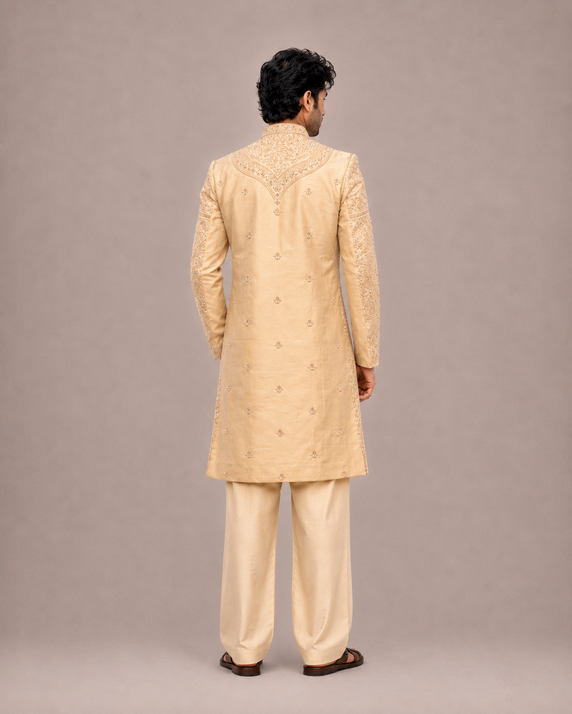 Gold Silk Sherwani with Machine and Hand Work