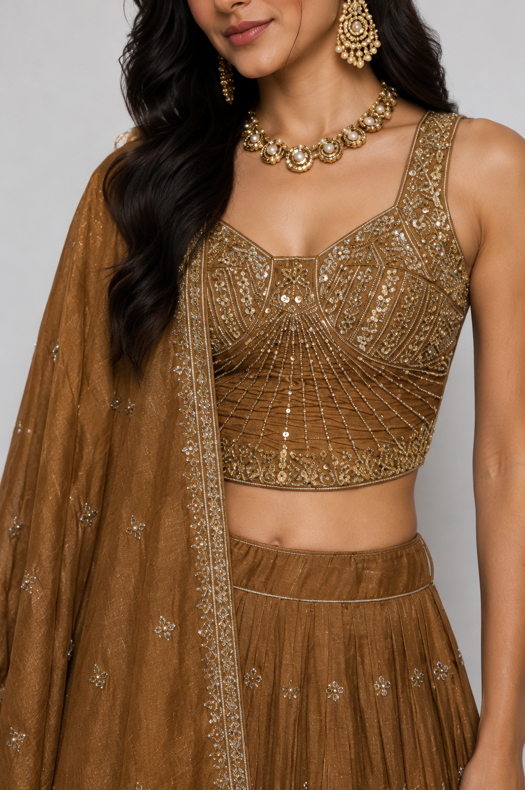 Gold Tissue Silk Chaniya Choli with Miral, Resham, Zardozi and Sicon Work