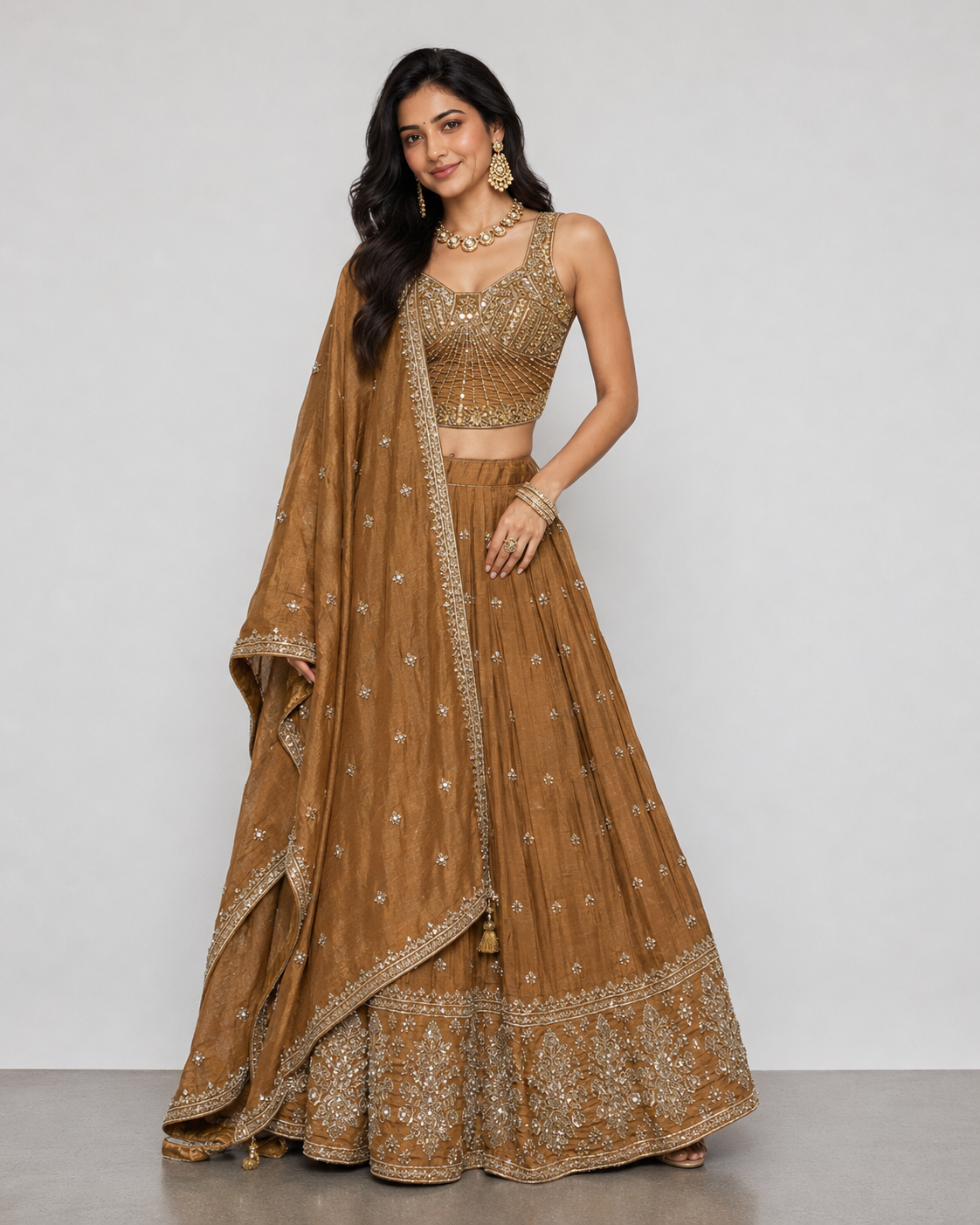 Gold Tissue Silk Chaniya Choli with Miral, Resham, Zardozi and Sicon Work