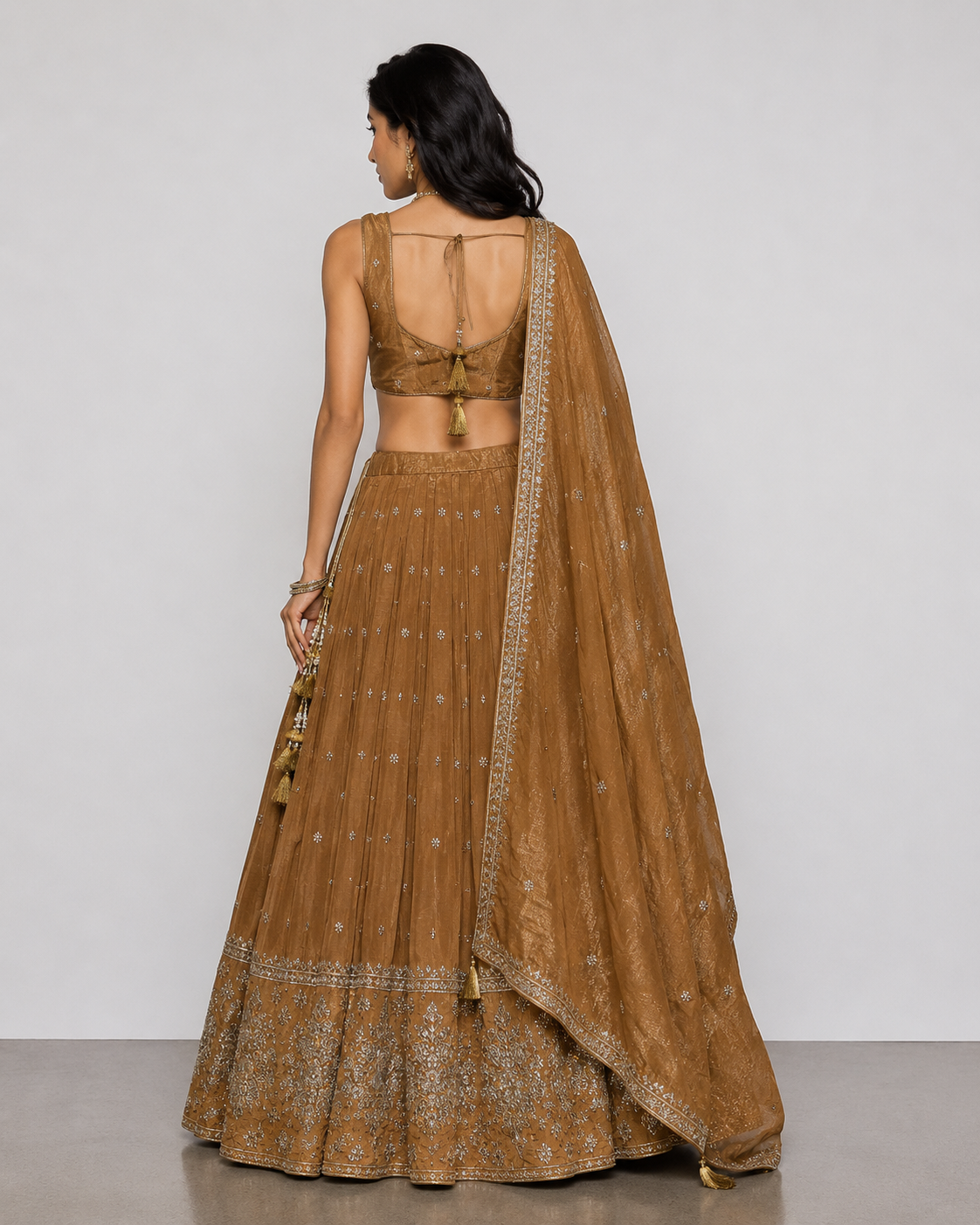 Gold Tissue Silk Chaniya Choli with Miral, Resham, Zardozi and Sicon Work