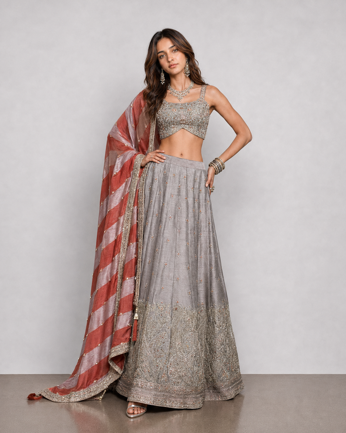 Gold Tissue Silk Lehenga Choli with Moti, Zardozi, Resham and Diamond Work