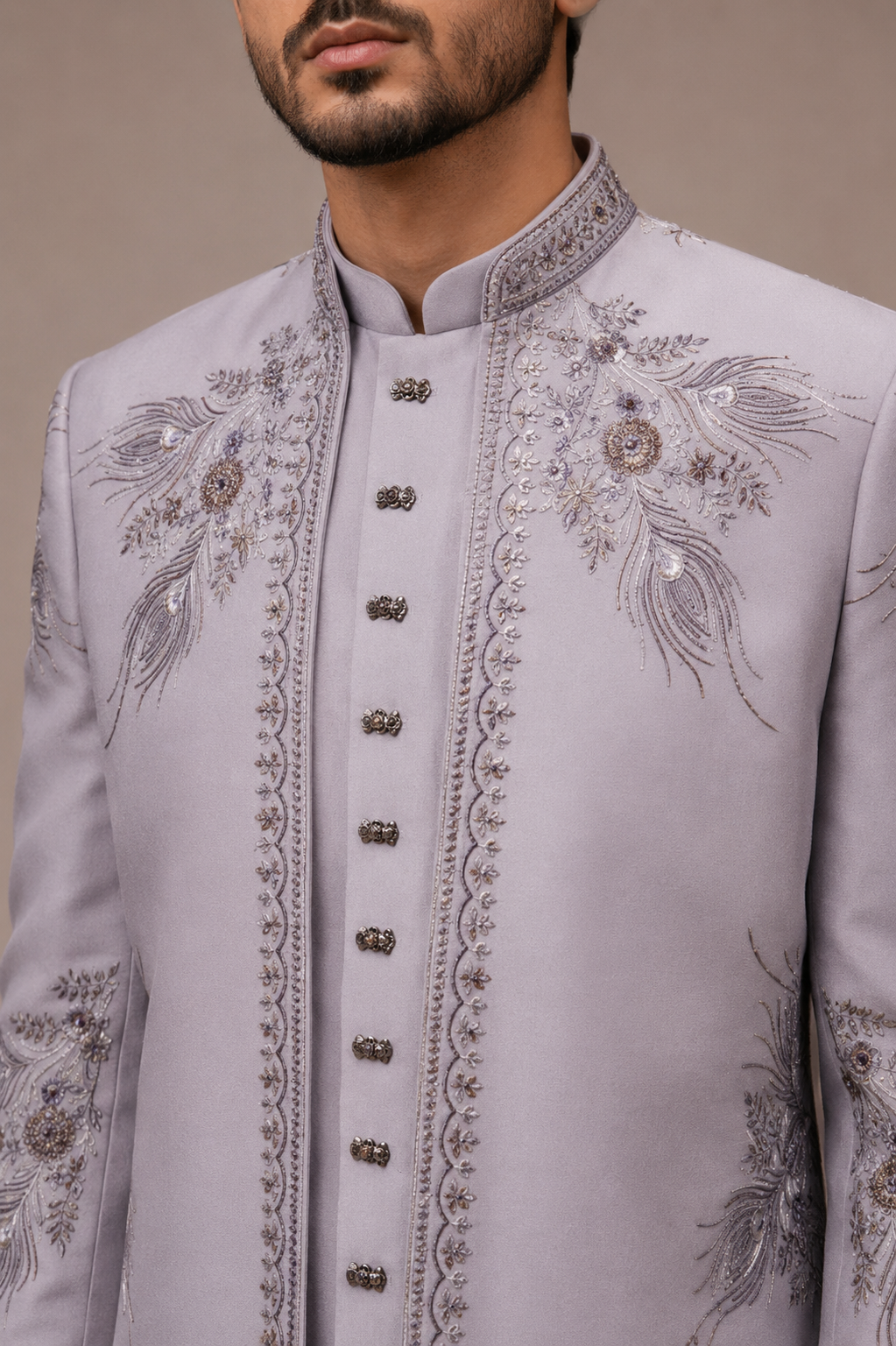 Gray Imported Fabric Indo Western for Men with Machine Work