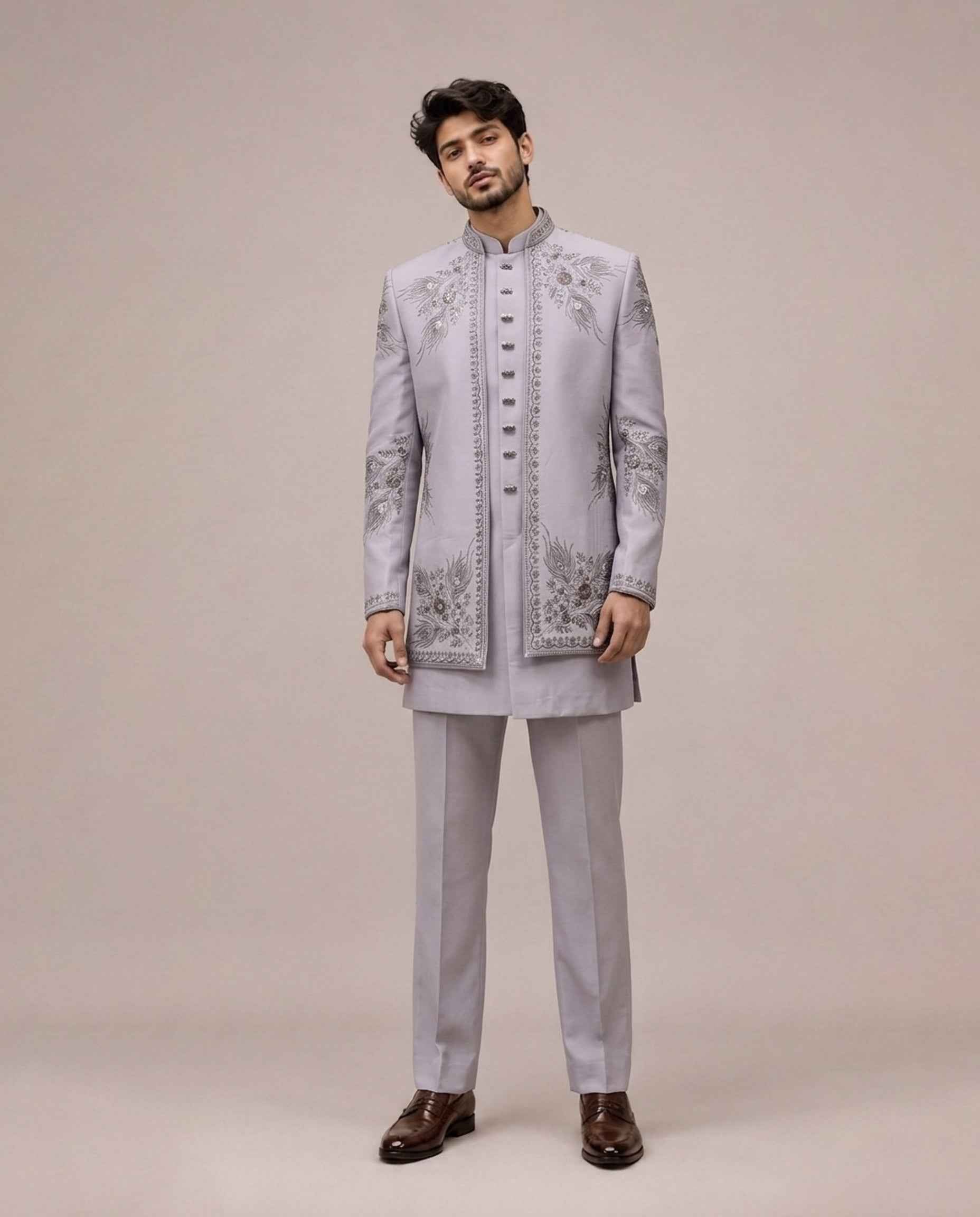 Gray Imported Fabric Indo Western for Men with Machine Work