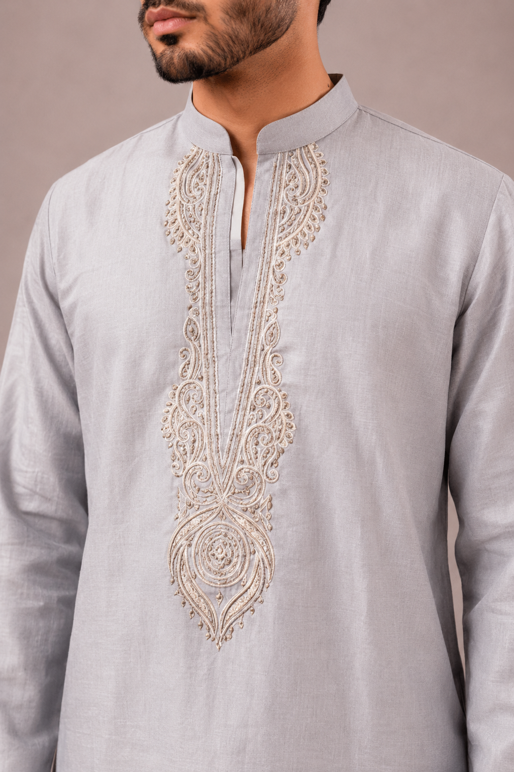 Gray Linen Silk Kurta Top with Hand Work