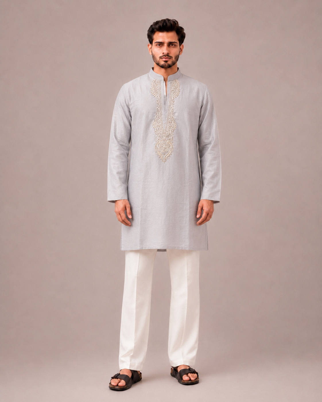 Gray Linen Silk Kurta Top with Hand Work