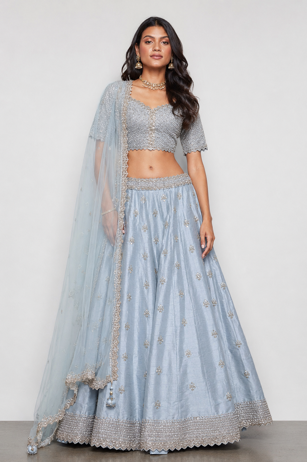Gray Pure Raw Silk Bridal Lehenga with Kardana and Cutwork