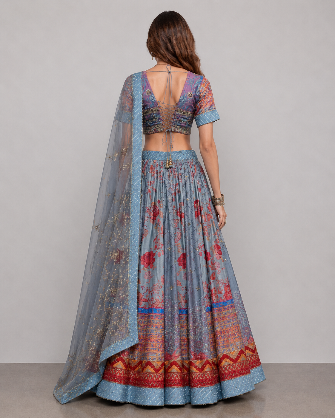 Gray Silk Chaniya Choli with Gota Patti and Bandhani Print Work
