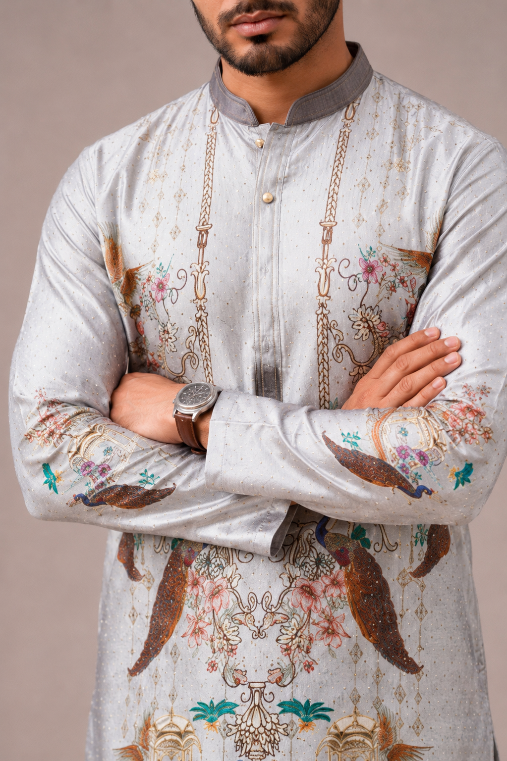 Gray Silk Kurta Set with Print and Diamond Work