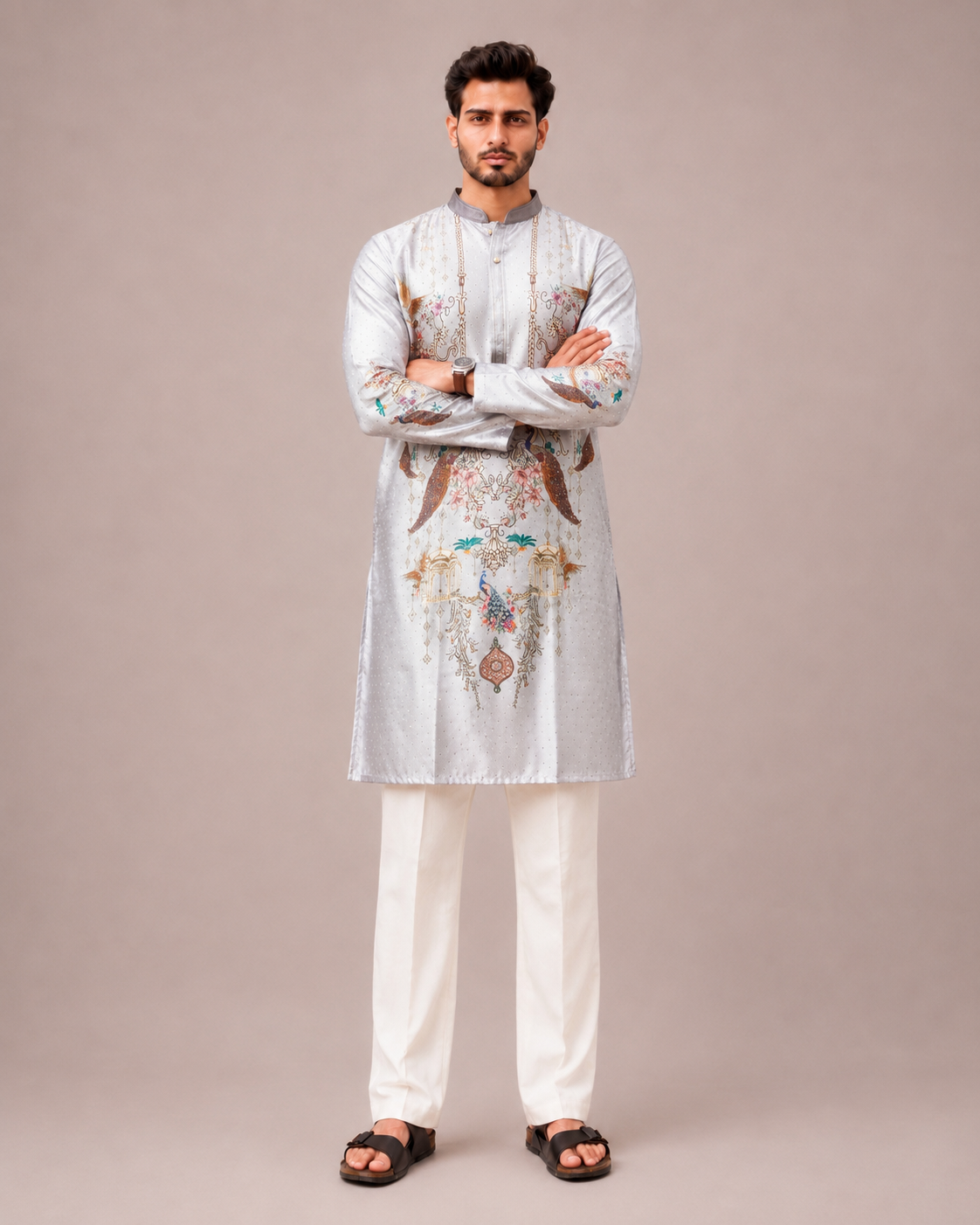 Gray Silk Kurta Set with Print and Diamond Work