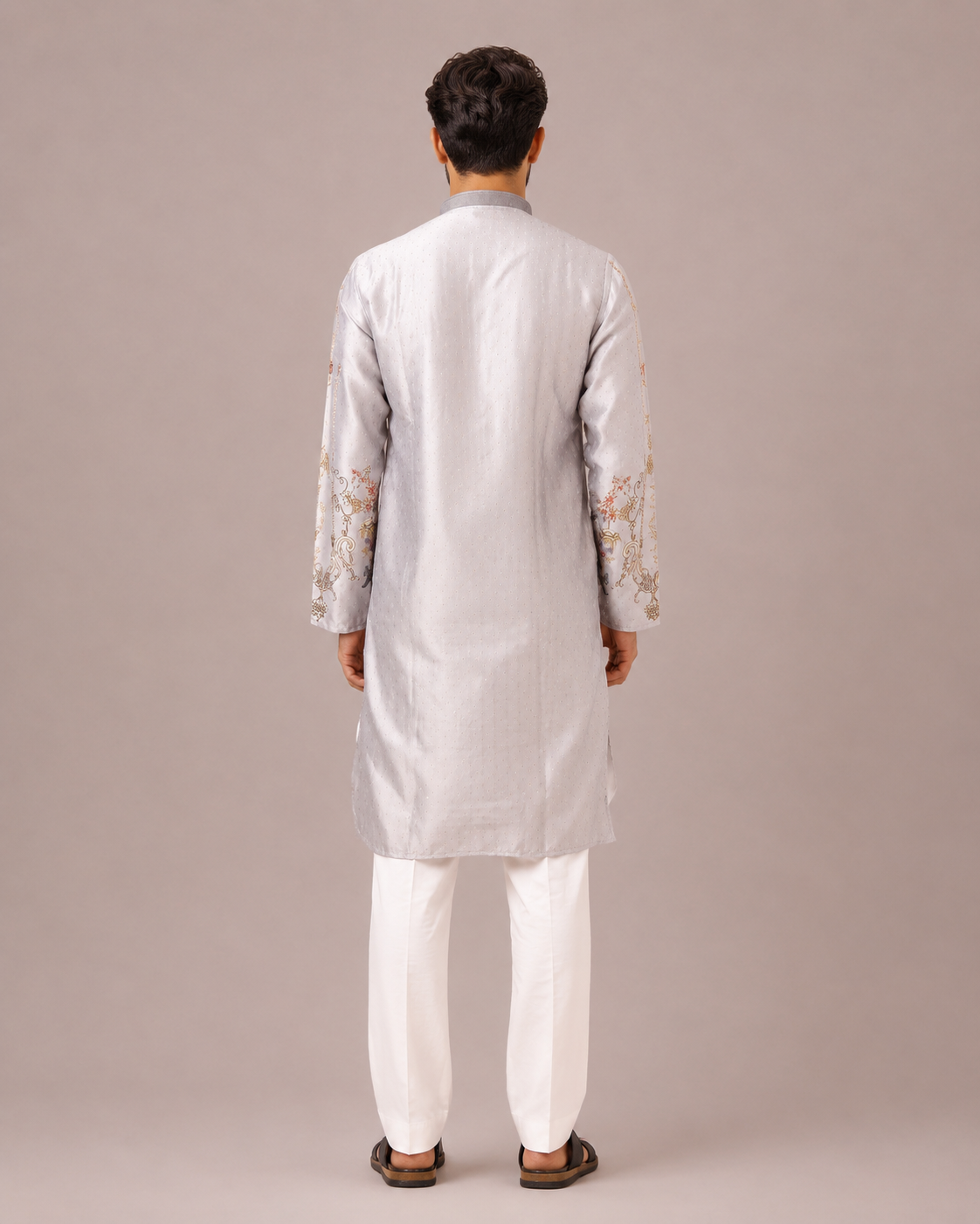 Gray Silk Kurta Set with Print and Diamond Work