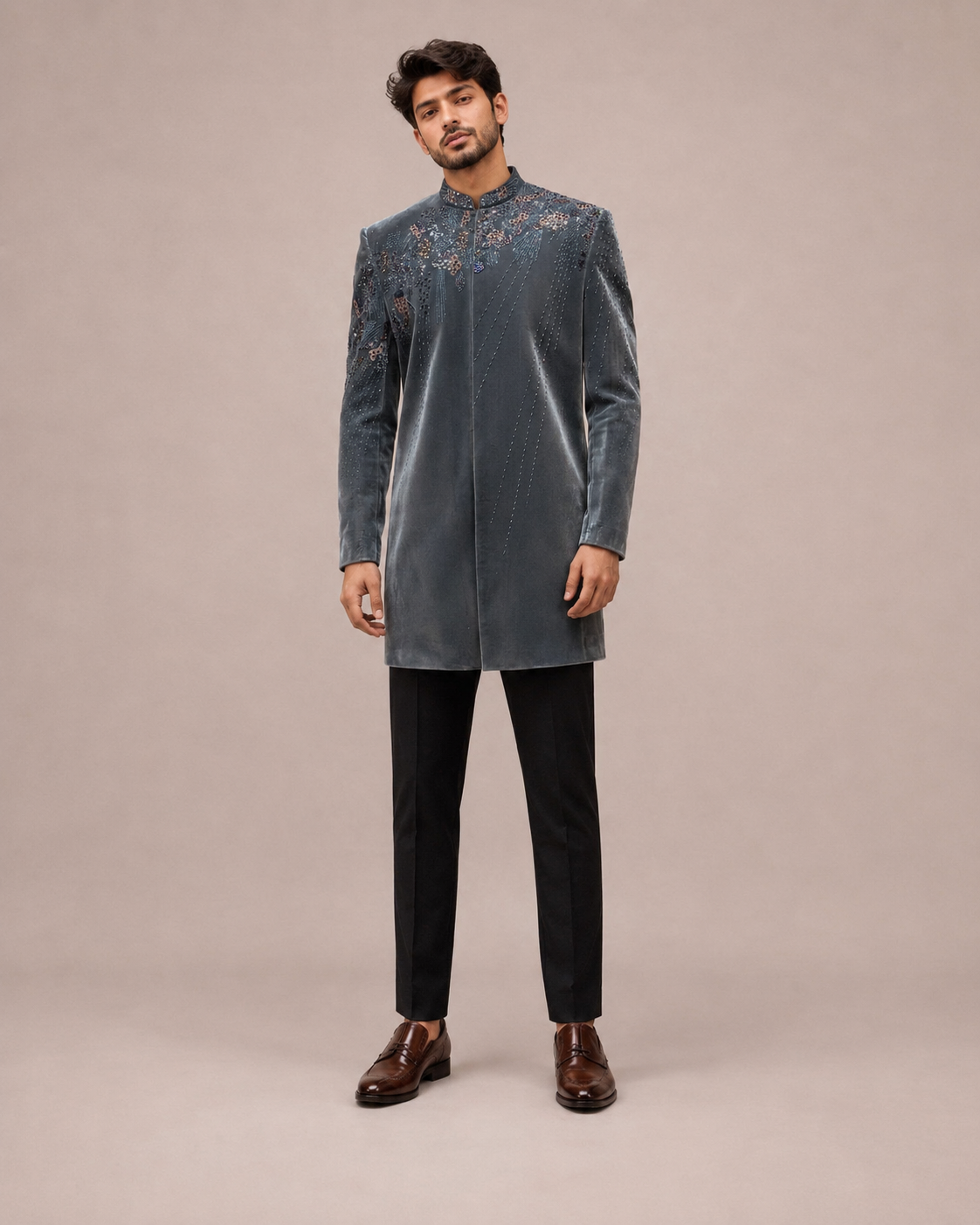 Gray Velvet Indo Western for Men with Hand Work
