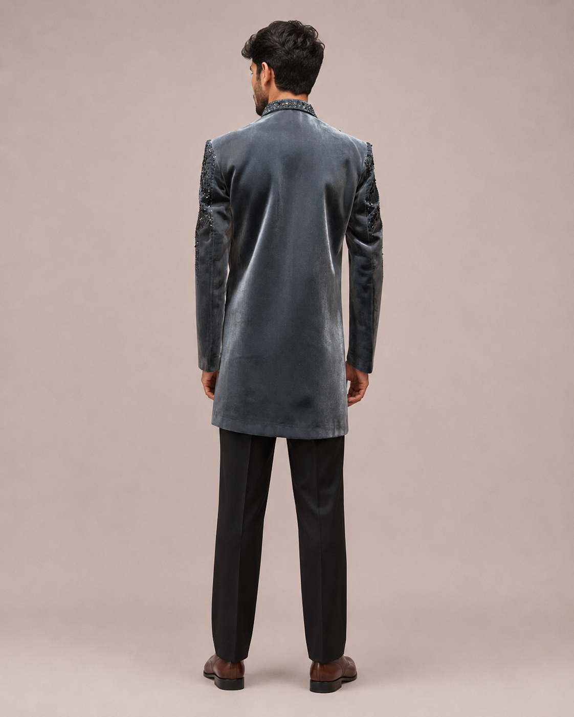 Gray Velvet Indo Western for Men with Hand Work