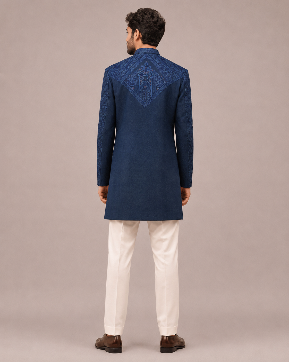 Gray Velvet Indo Western for Men with Machine Embroidery Work