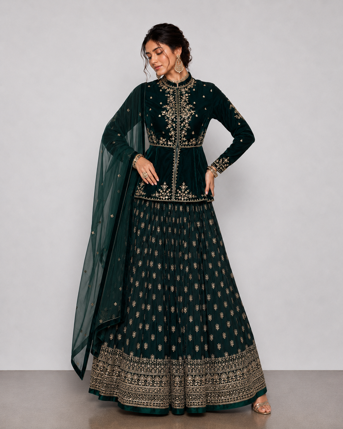 Green Chiffon Lehenga Choli with Moti, Kashab and Sicon Work