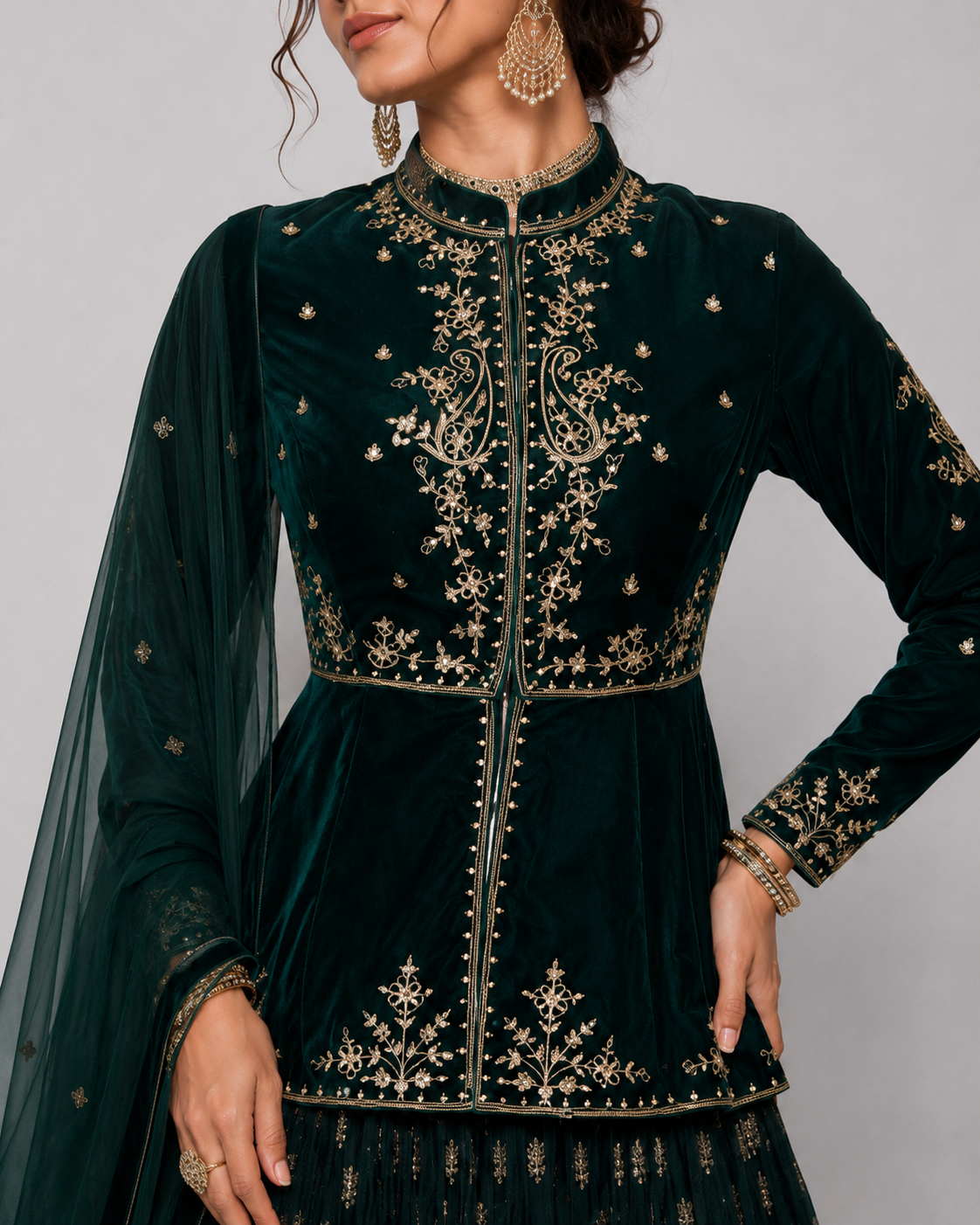 Green Chiffon Lehenga Choli with Moti, Kashab and Sicon Work