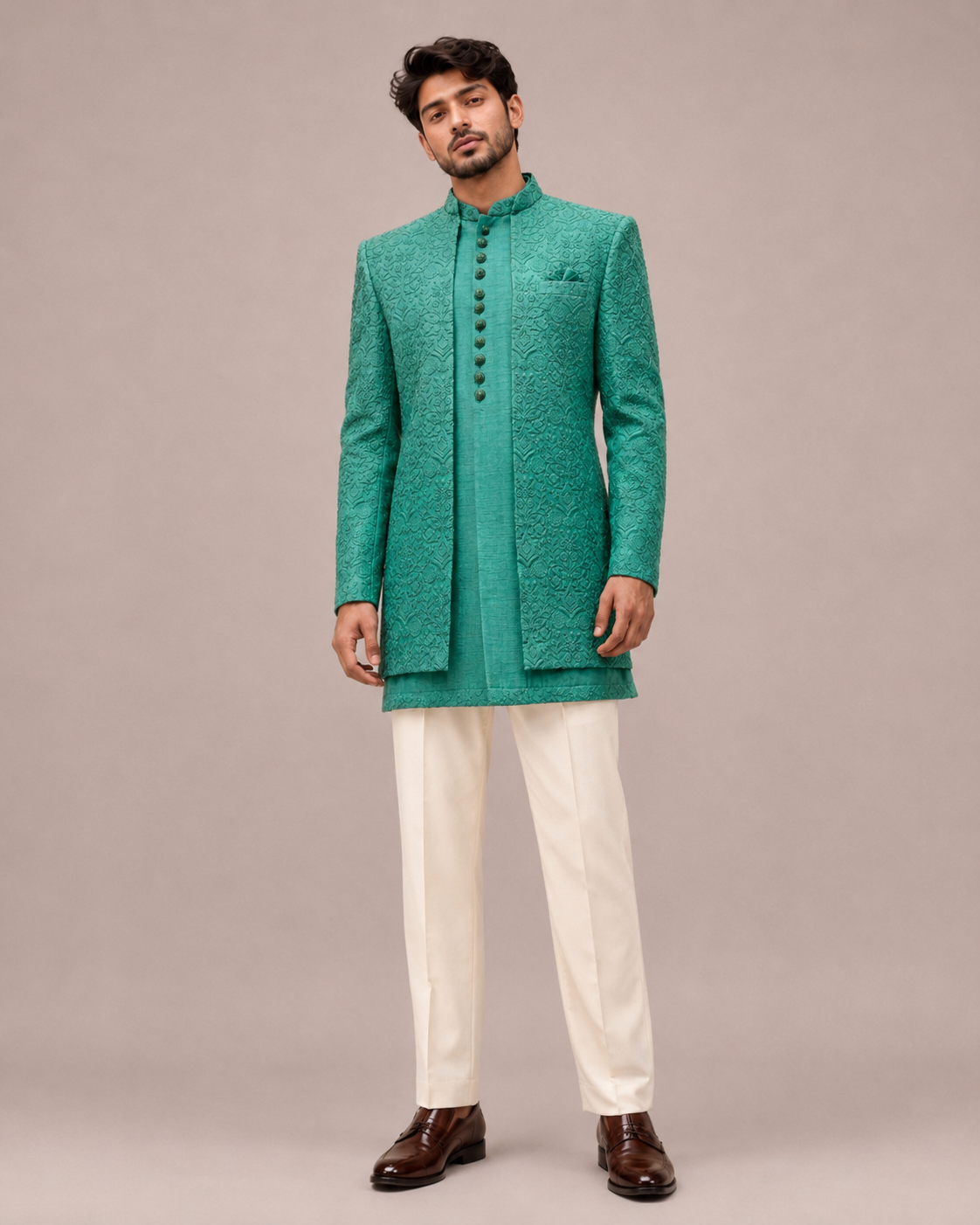 Green Lakhnavi Indo Western for Men with Lakhnavi Work