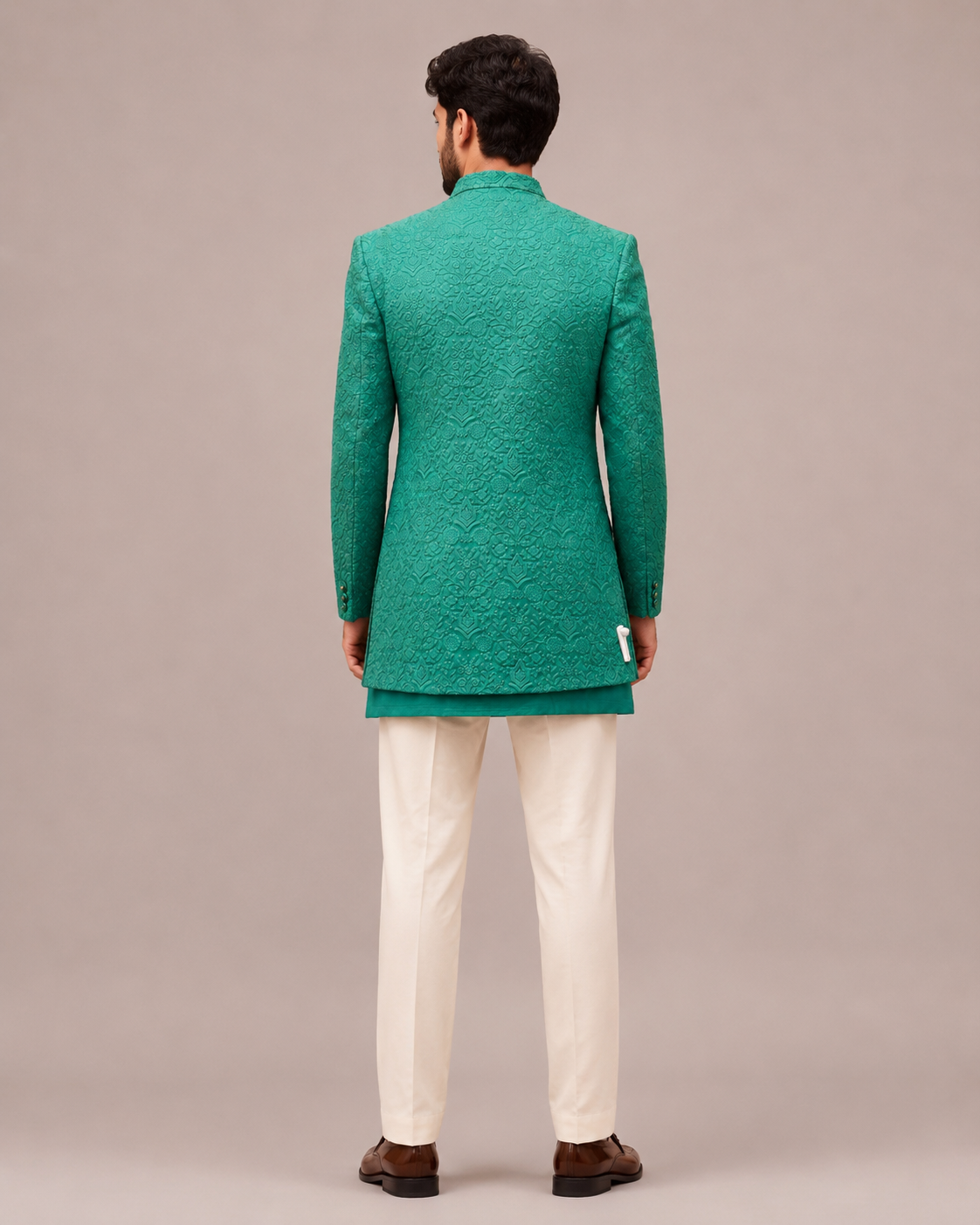 Green Lakhnavi Indo Western for Men with Lakhnavi Work