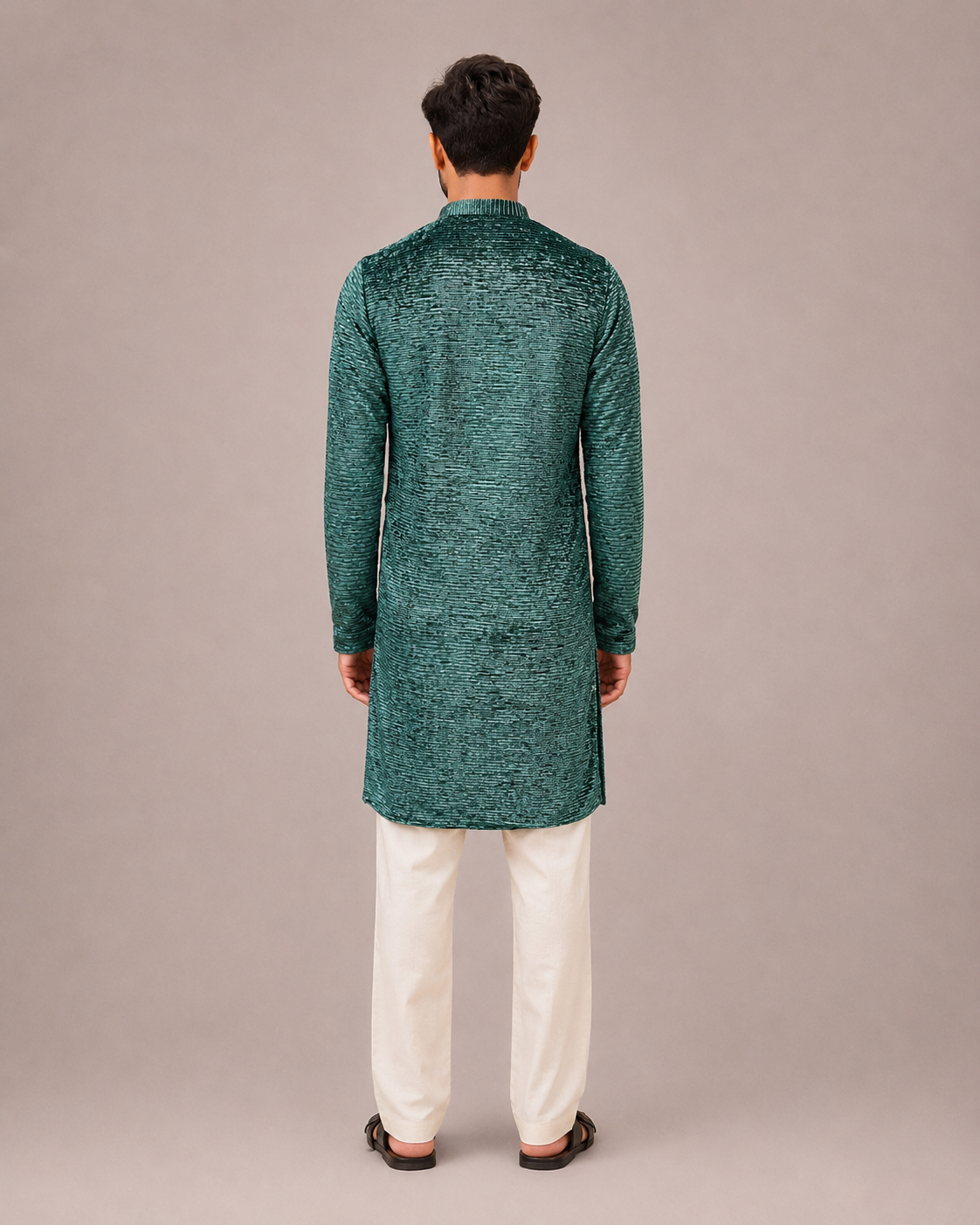 Green Micro Velvet Kurta Set with Artistic Print and Surface Work