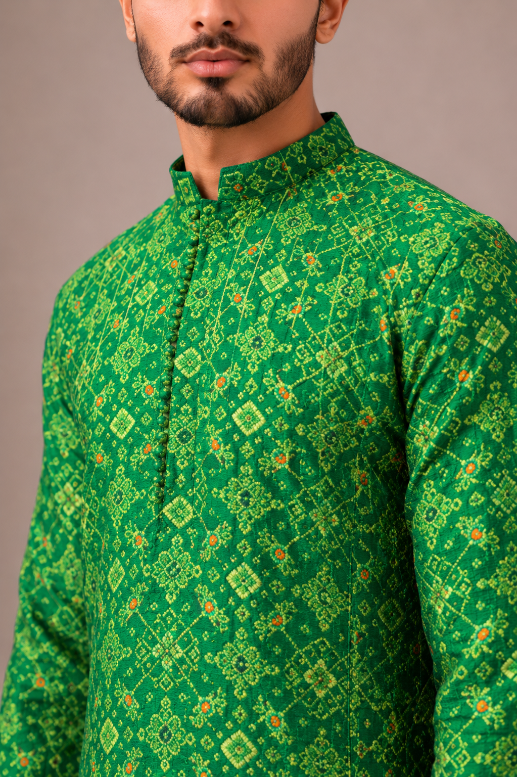 Green Silk Kurta Set with Bandhani Work