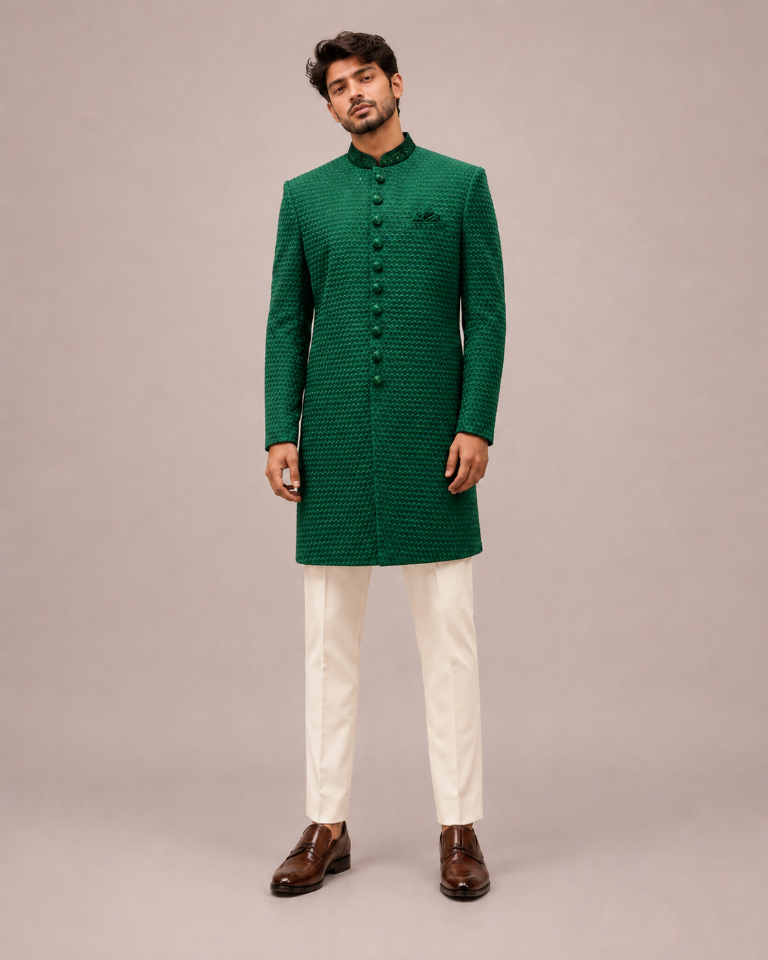 Green Velvet Indo Western for Men with Computer Embroidery Work