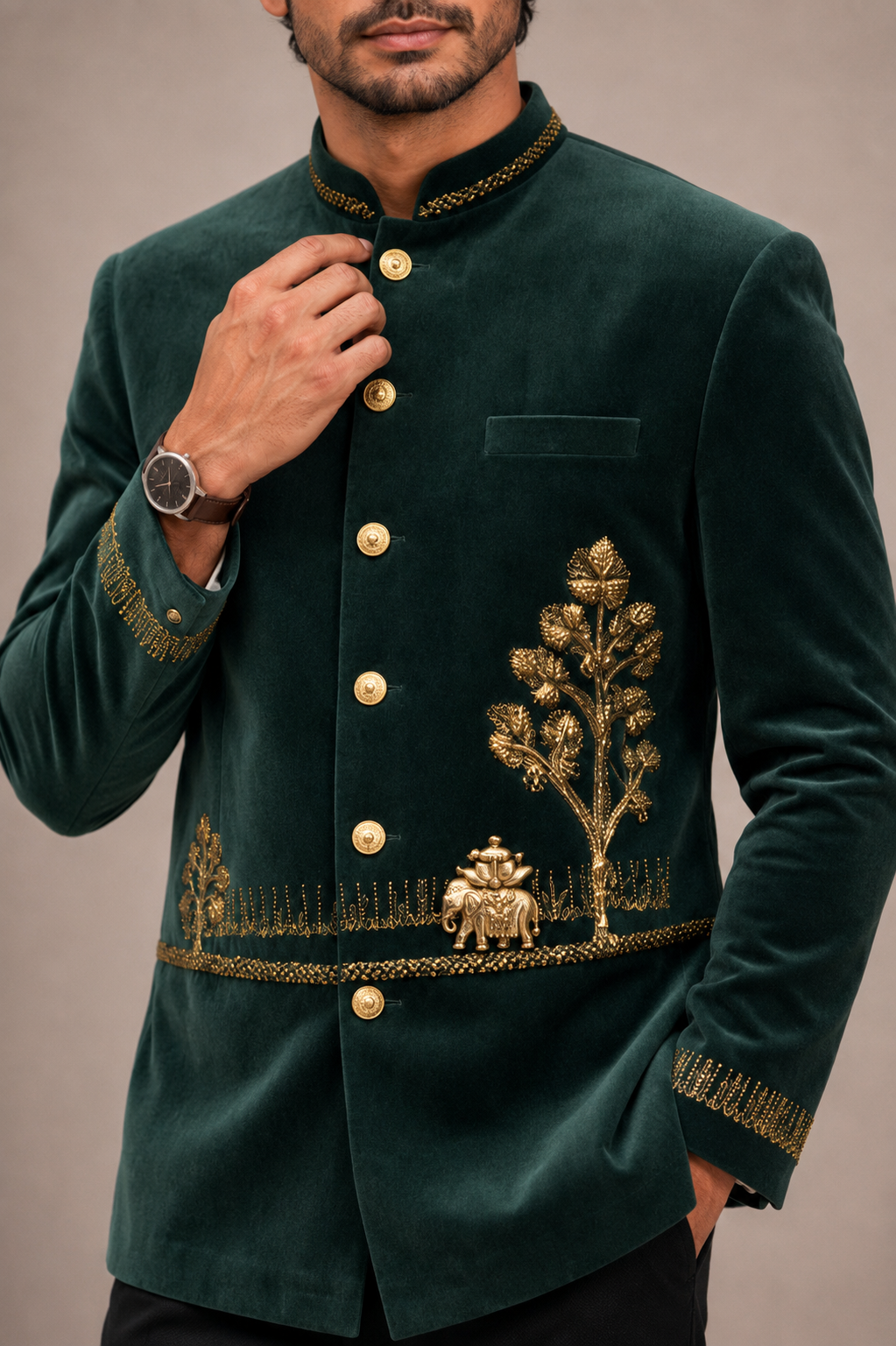 Green Velvet Jodhpuri Suit with Hand Work