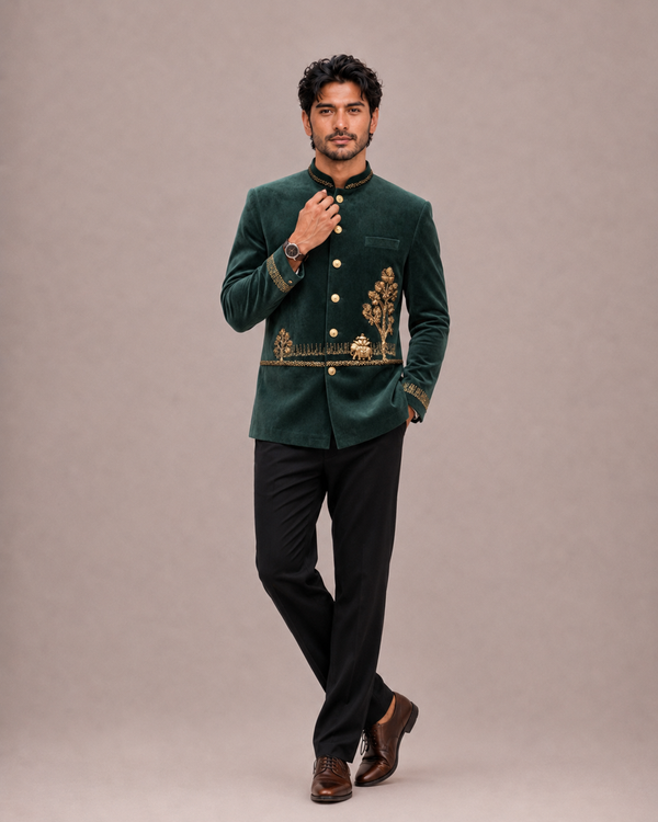 Green Velvet Jodhpuri Suit with Hand Work