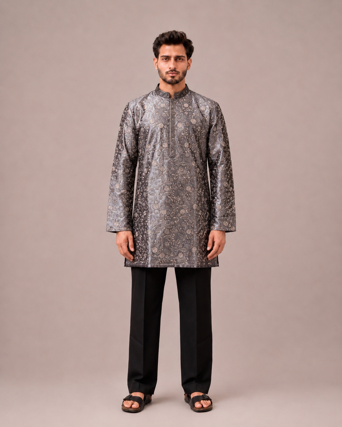Grey Baby Silk Kurta Set with Machine Embroidery Work