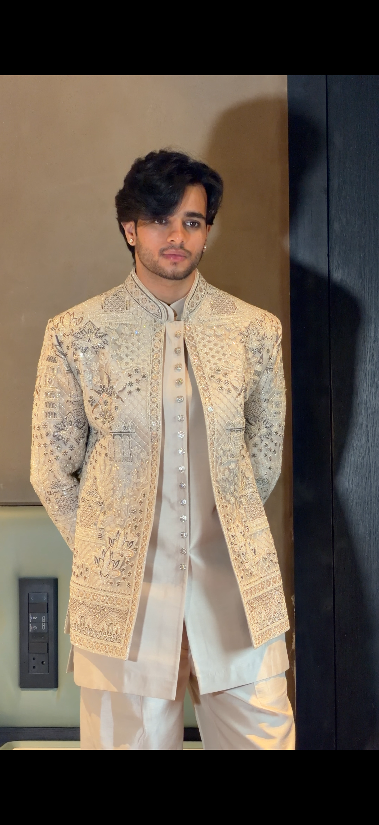 Ivory Cream Cutwork Open Indo Western with Monument and Lotus Embroidery