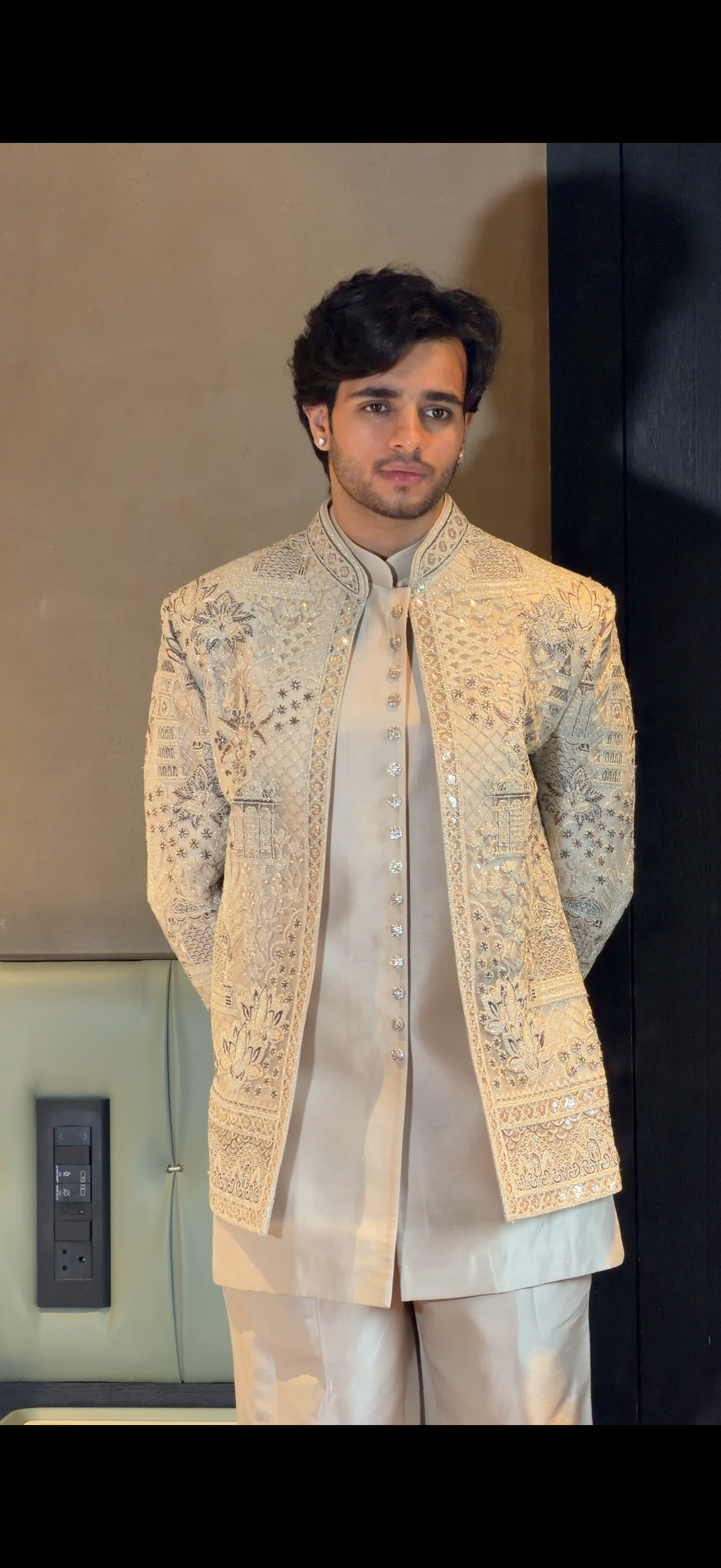 Ivory Cream Cutwork Open Indo Western with Monument and Lotus Embroidery