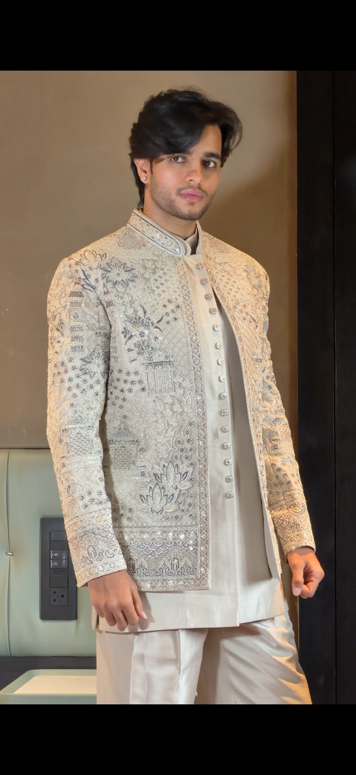 Ivory Cream Cutwork Open Indo Western with Monument and Lotus Embroidery