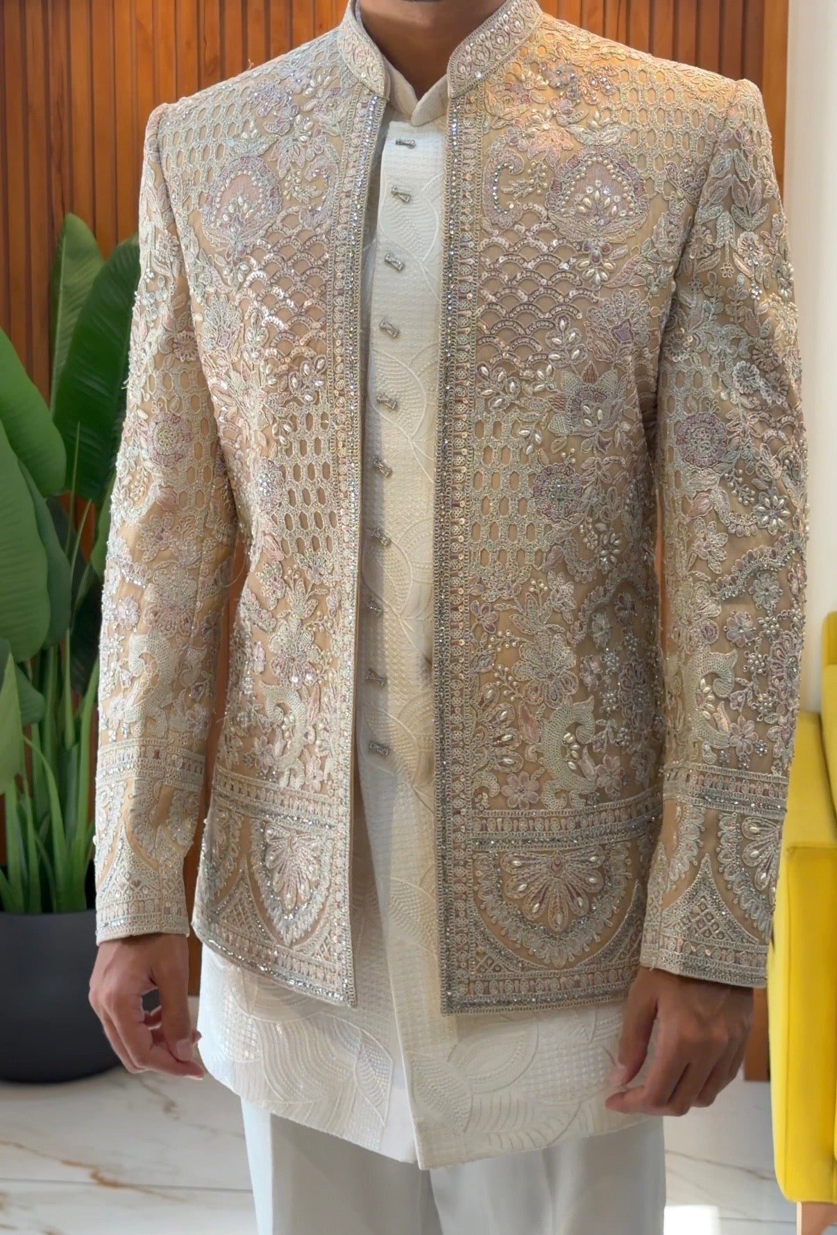 Champagne Gold Indo Western with Resham, Sequins and Beadwork