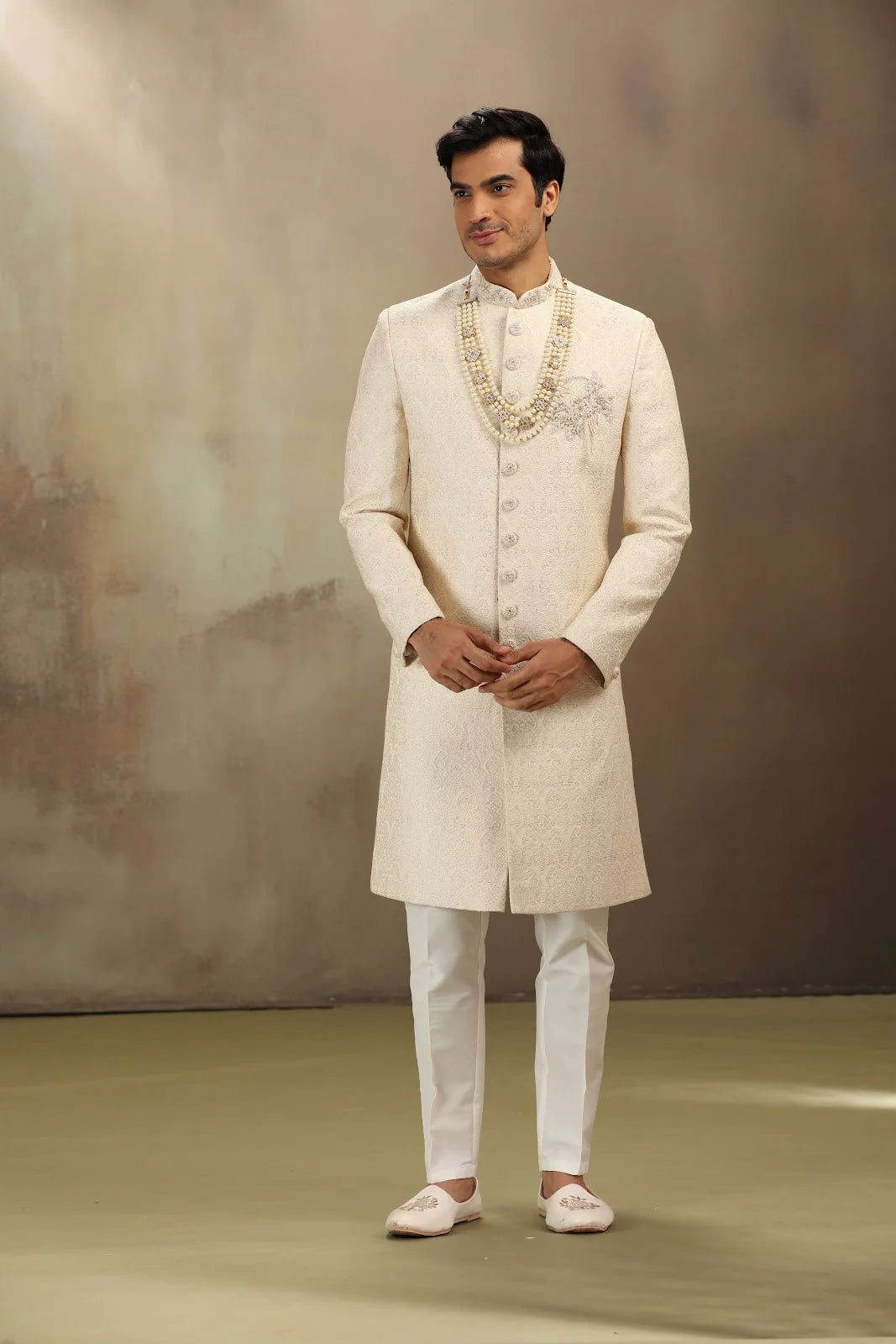 Off White Silk Sherwani with Dori Work