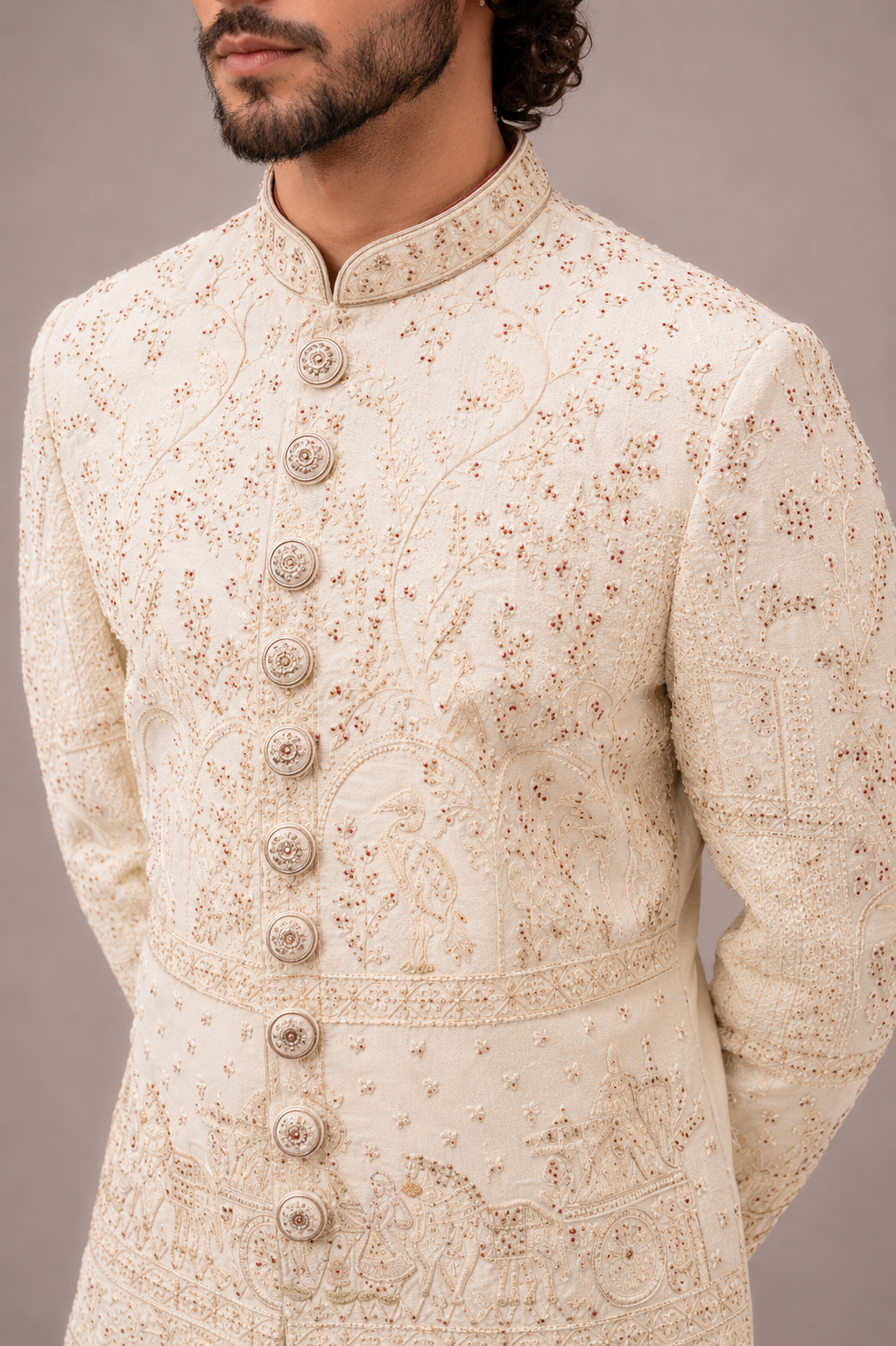 Ivory Lakhnavi Sherwani with Zardozi Hand Work