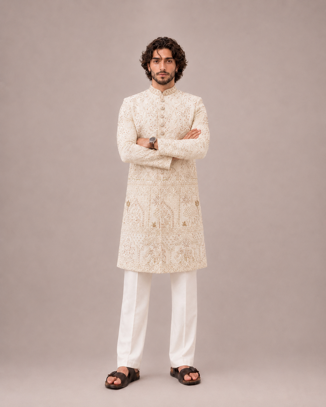 Ivory Lakhnavi Sherwani with Zardozi Hand Work