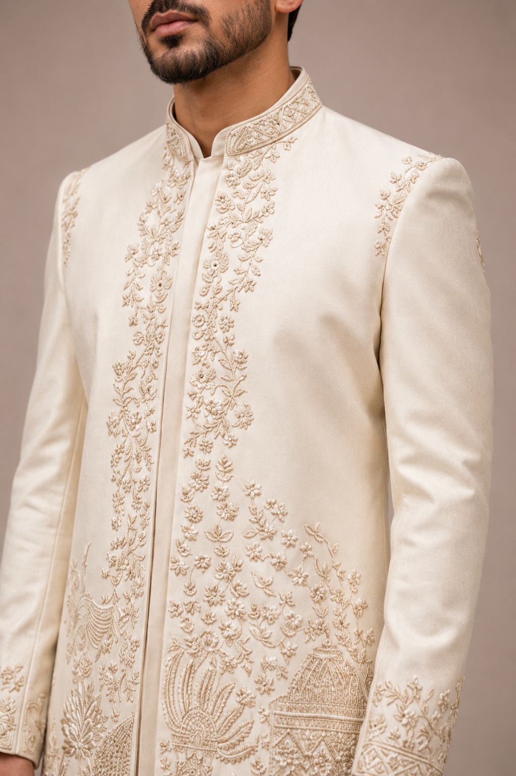 Ivory Silk Indo Western for Men with Hand and Machine Work