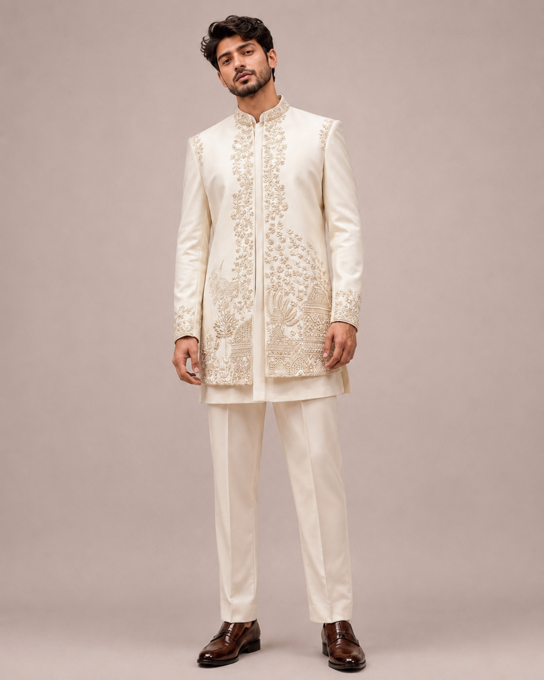Ivory Silk Indo Western for Men with Hand and Machine Work