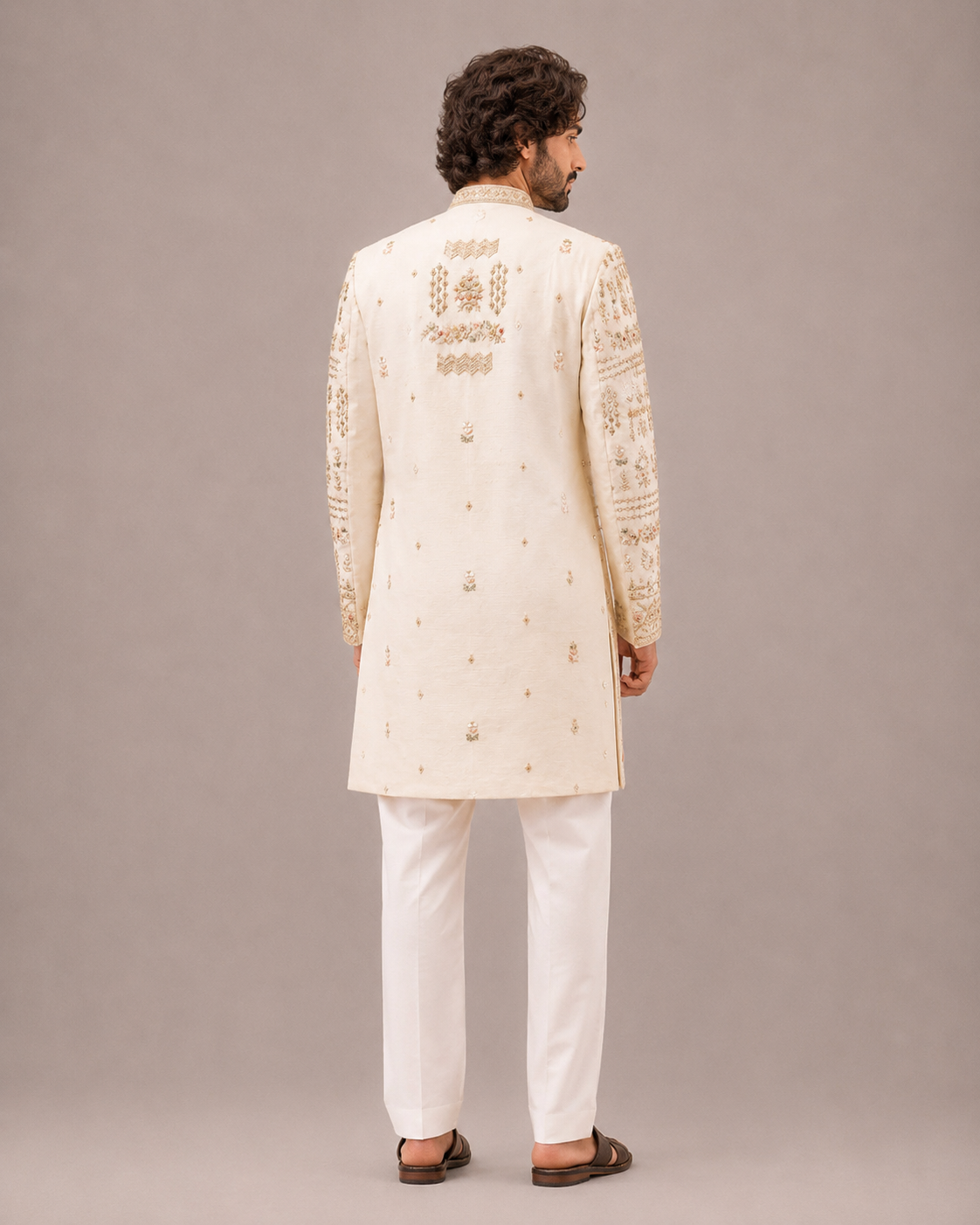 Ivory Silk Sherwani for Men with Hand and Machine Work