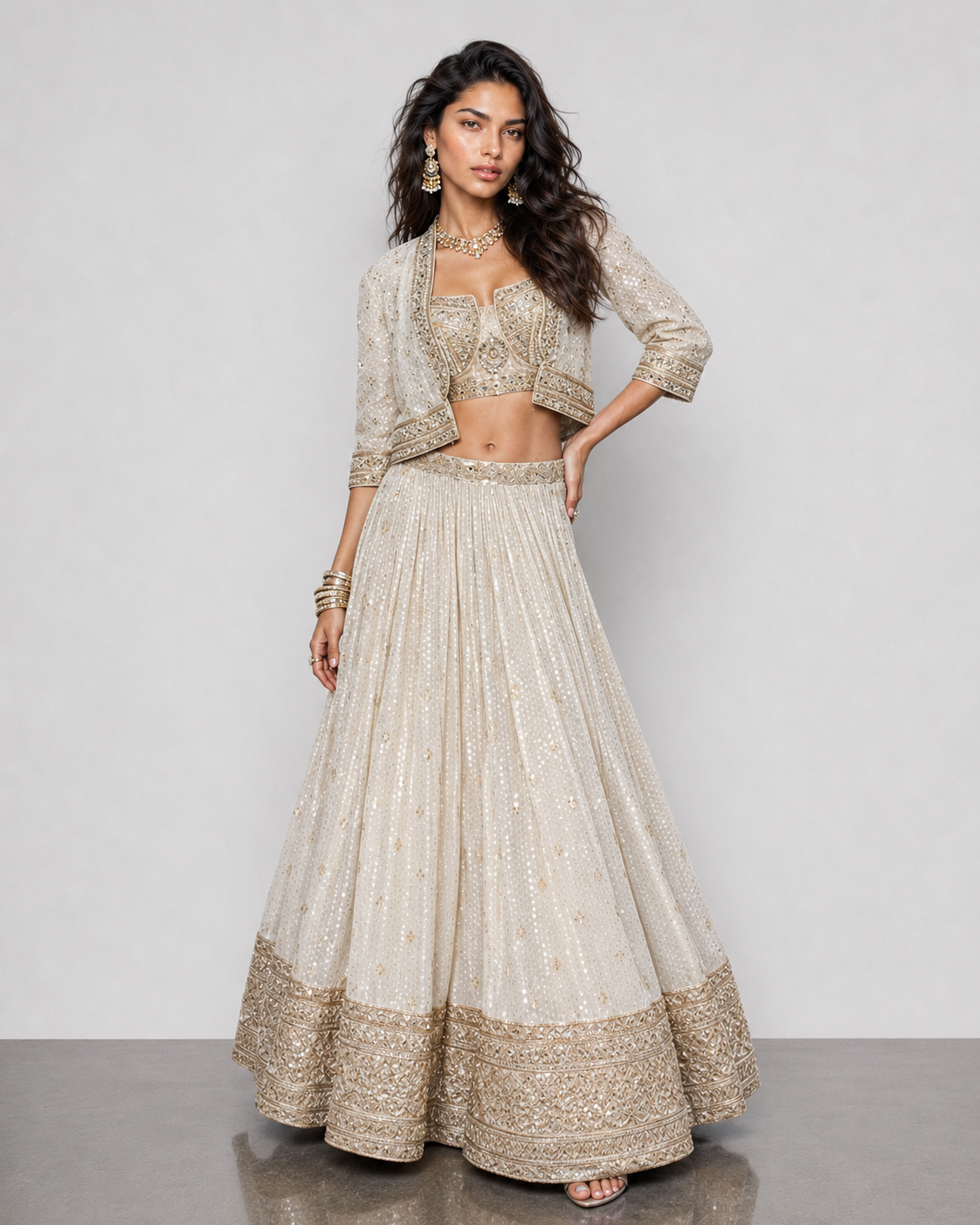 Ivory Tissue Silk Lehenga Choli with Moti, Kardana, Zartar and Diamond Work