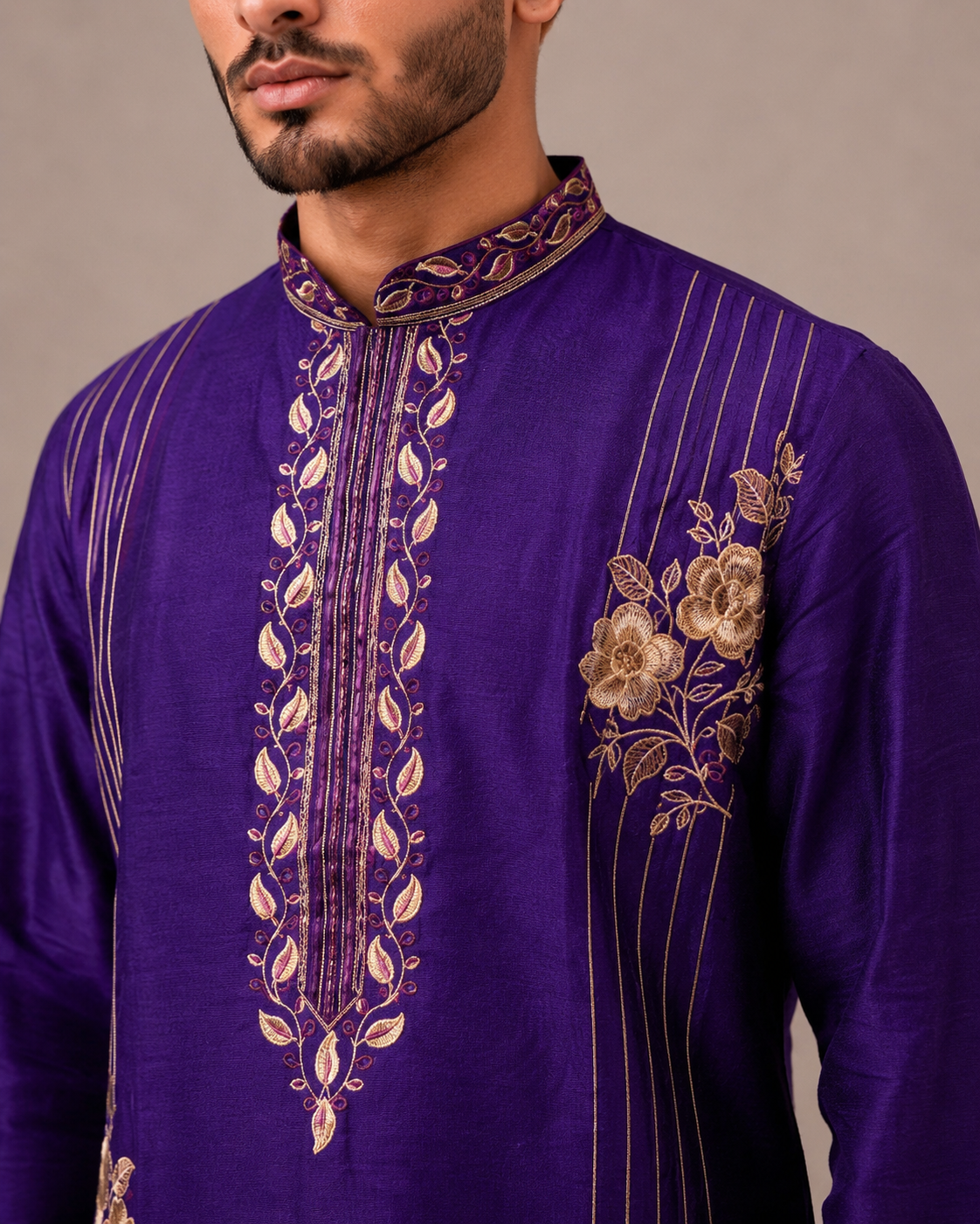 Jamli Silk Kurta Set with Machine Embroidery Work