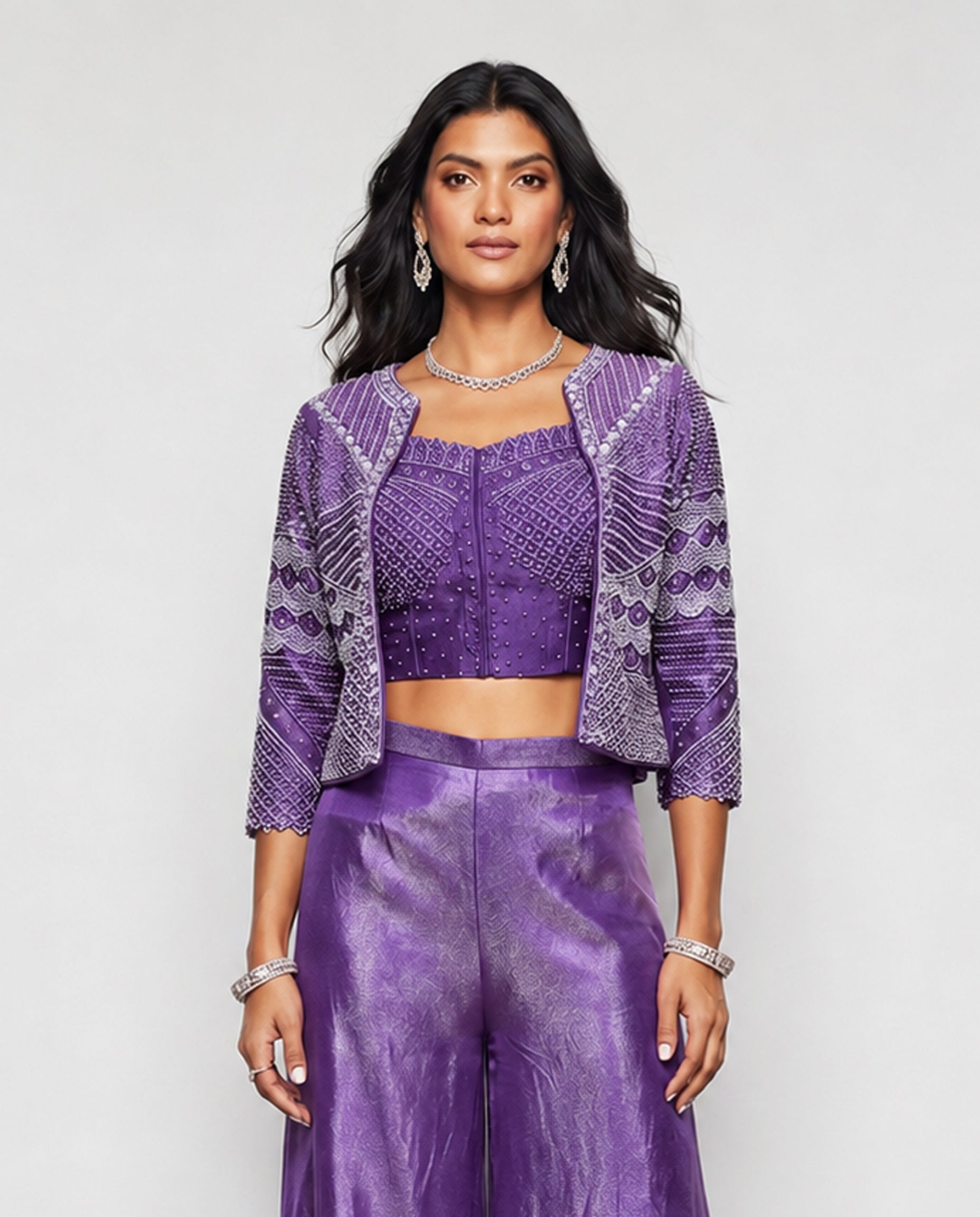 Lavender Tissue Silk Indo Western with Moti and Cutdana Work