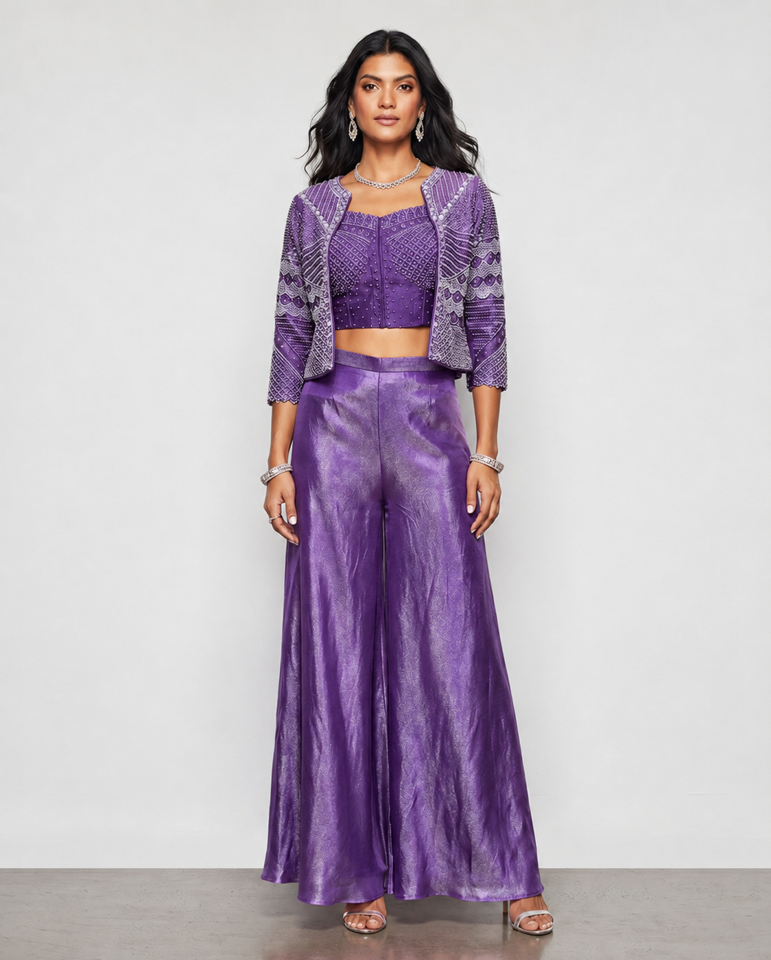 Lavender Tissue Silk Indo Western with Moti and Cutdana Work