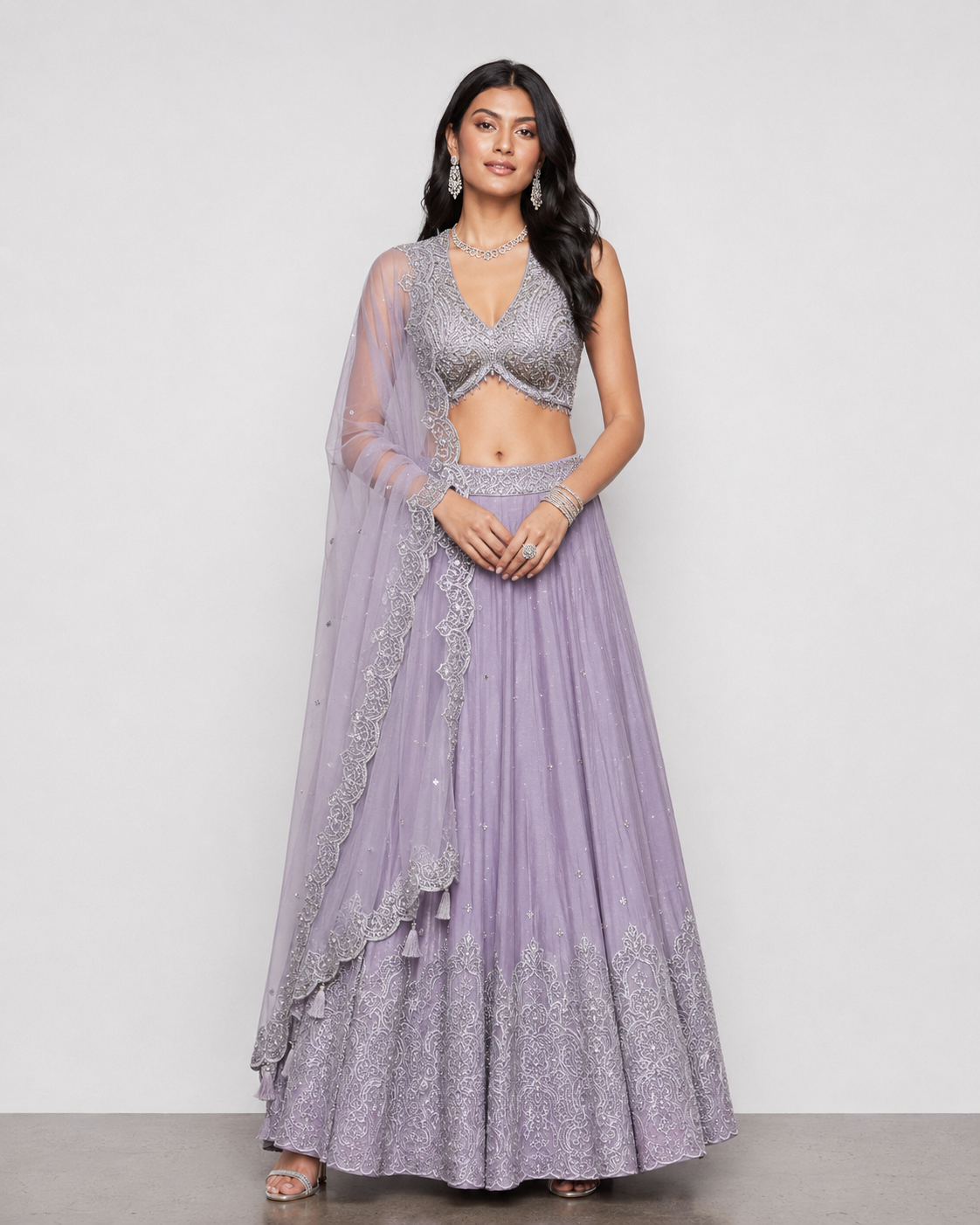 Lavender Chiffon Silk Lehenga Choli with Moti, Kardana, Zarkan and Sicon Work