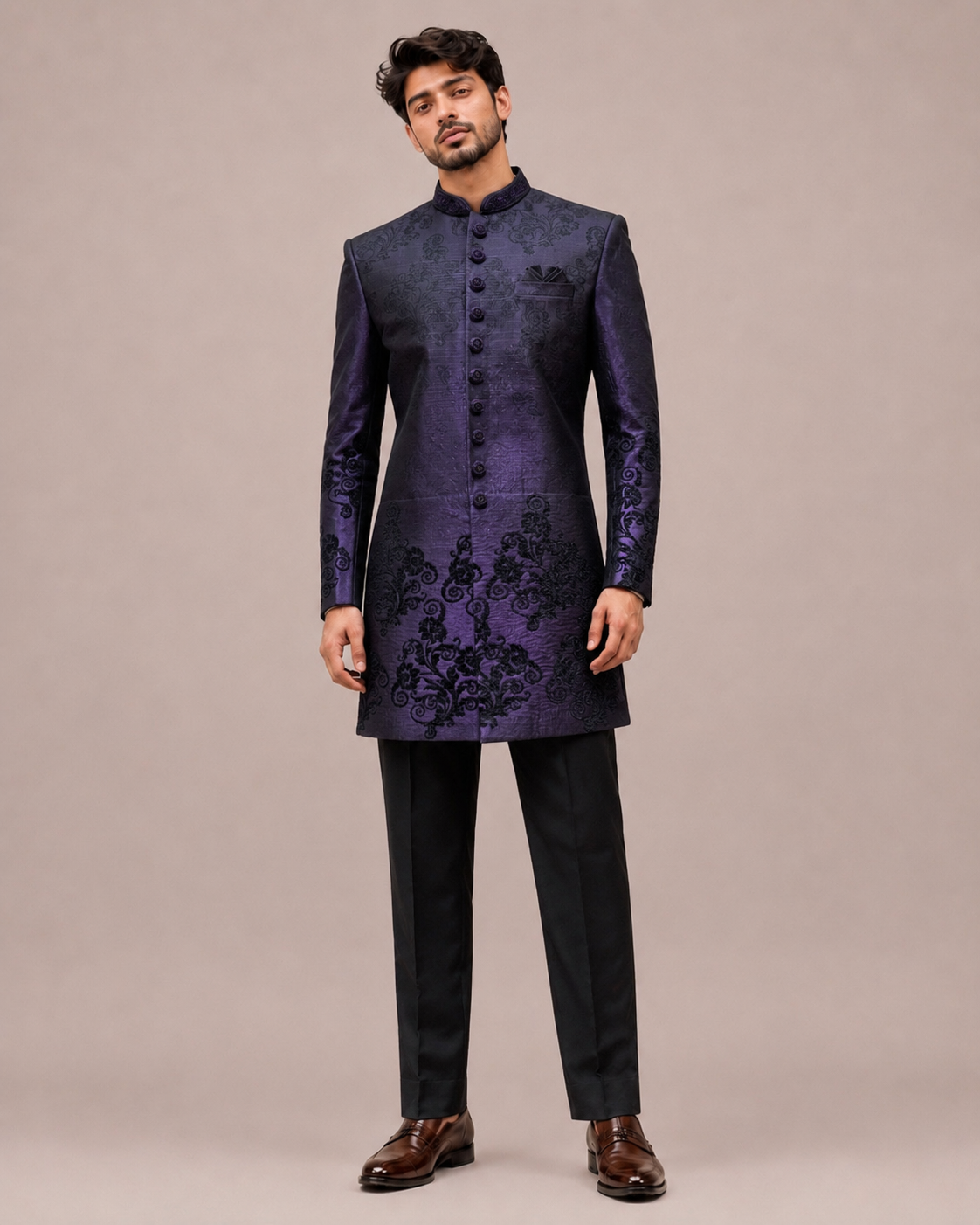 Lavender Jacquard TR Fabric Indo Western for Men with Emboss Print