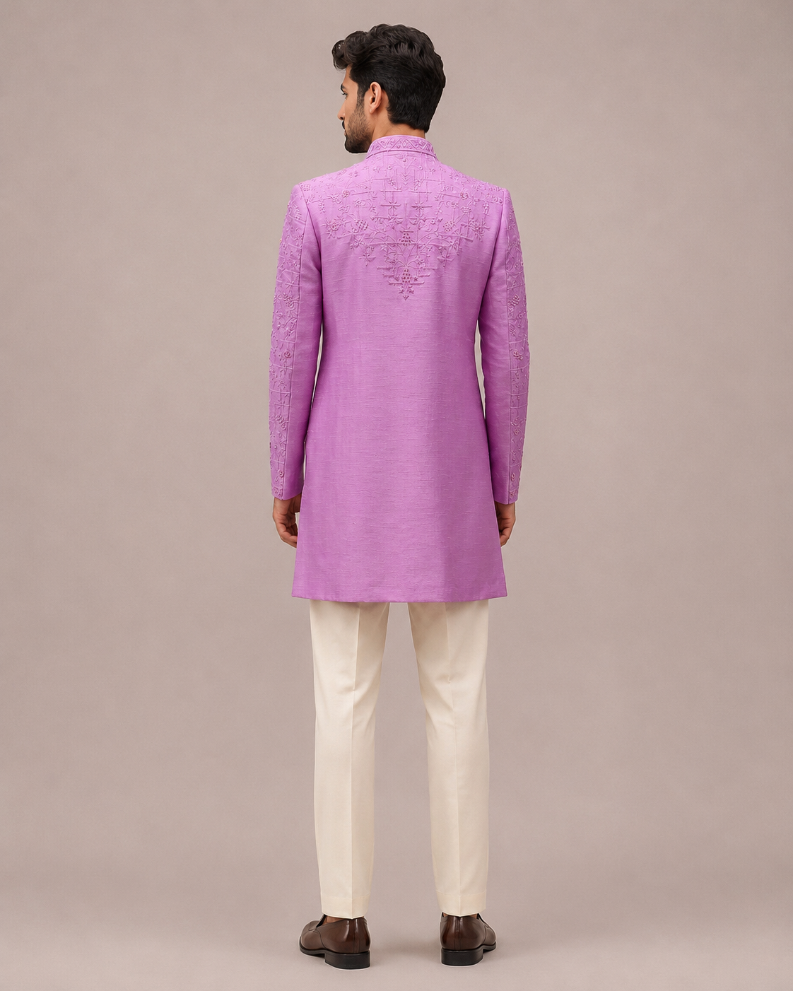 Lavender Raw Silk Indo Western with Hand and Machine Embroidery Work