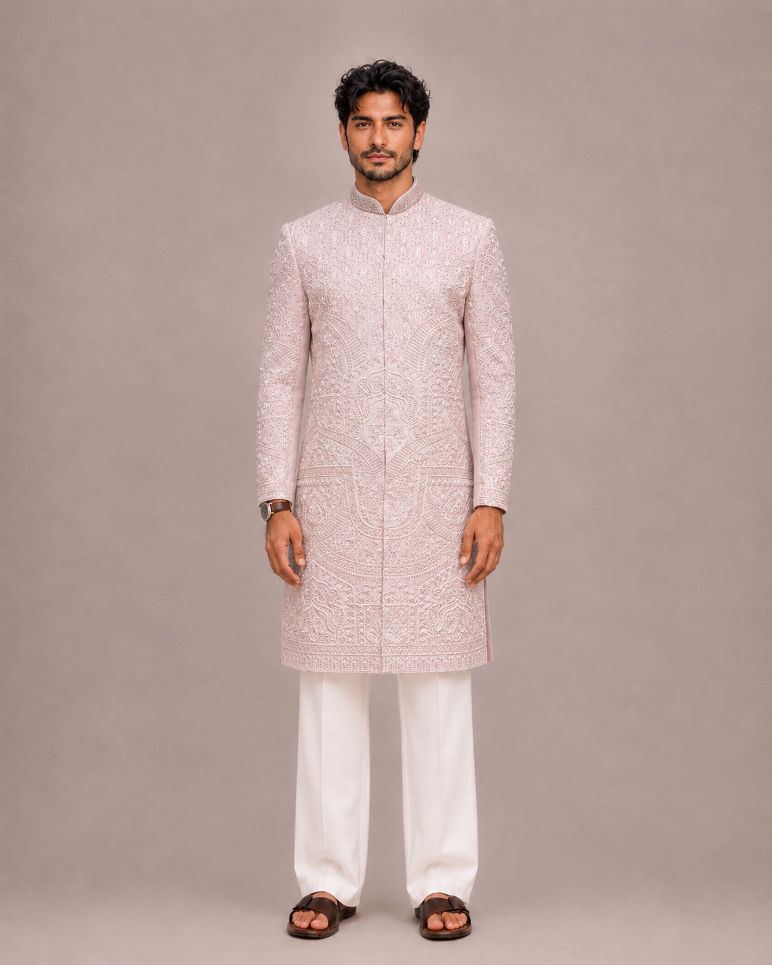 Lavender Raw Silk Sherwani with Hand and Machine Work