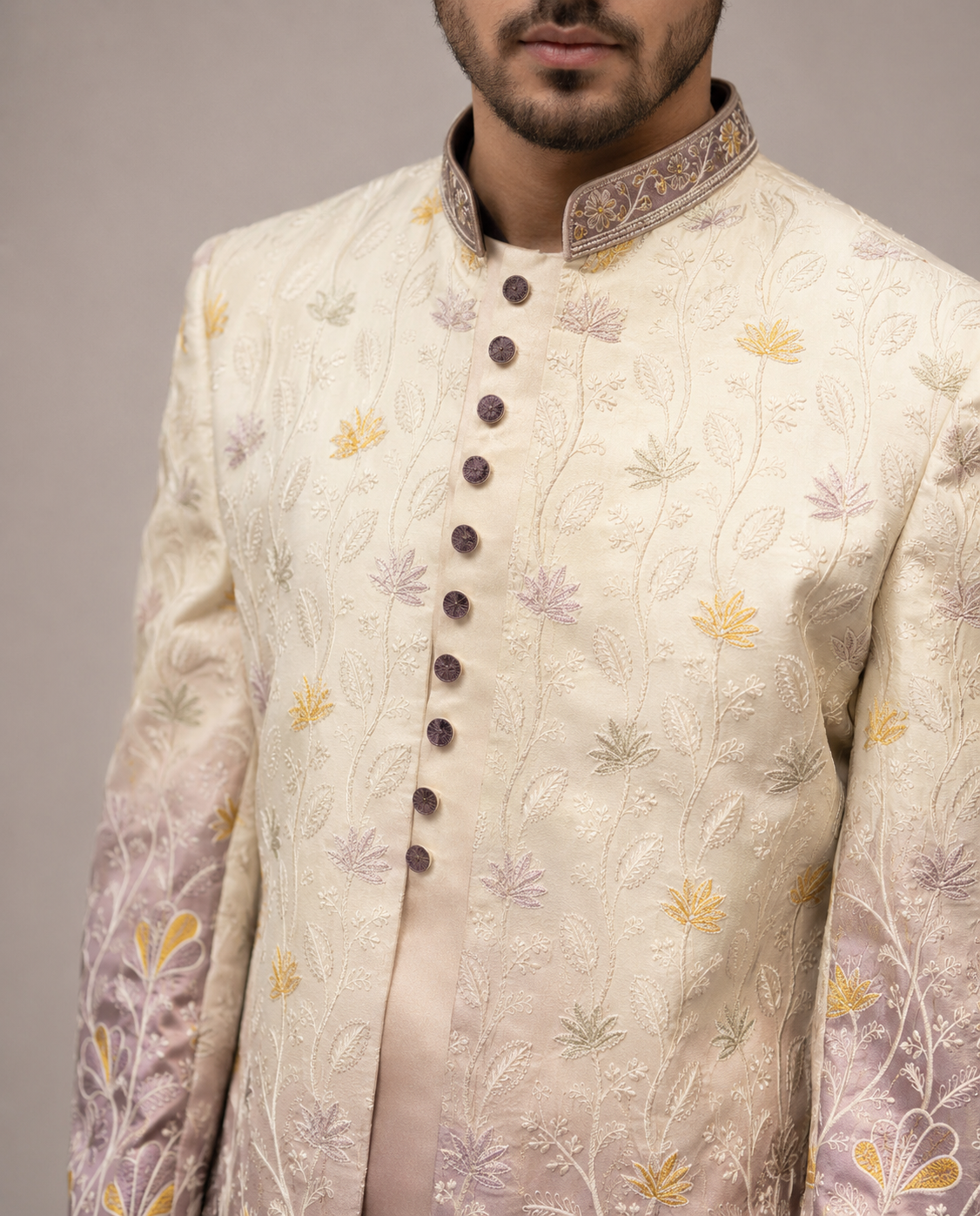 Lavender Silk Indo Western for Men with Amre Computer Embroidery Work